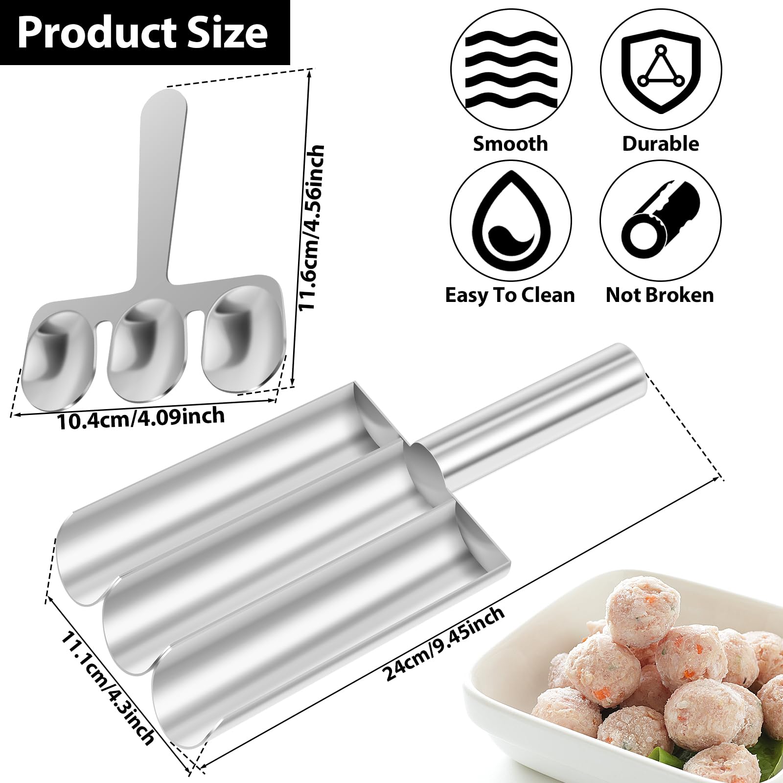 Stainless Steel Triple Meatball Scoop Maker with Scraper - Long Handle Manual Meat Baller for Perfect Meatballs & Cookie Dough - Ideal for Home Kitchen, Restaurant & Meal Prep