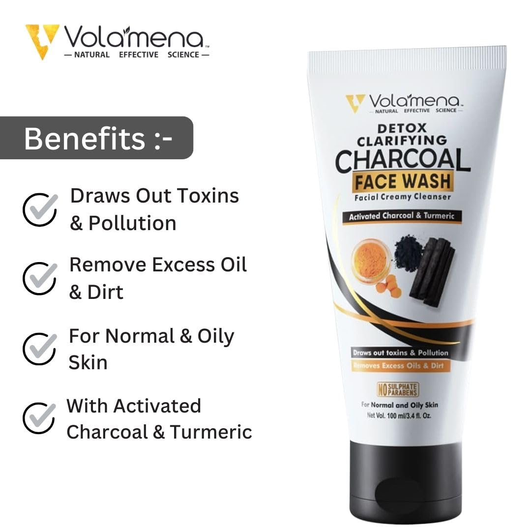 Volamena Detox Clarifying Charcoal Face Wash with Turmeric & Activated Charcoal Extract - 100ml Deep Cleansing Facial Cleanser for Women & Men | Removes Impurities, Reduces Acne & Blackheads | Perfect for Daily Skincare Routine & Travel