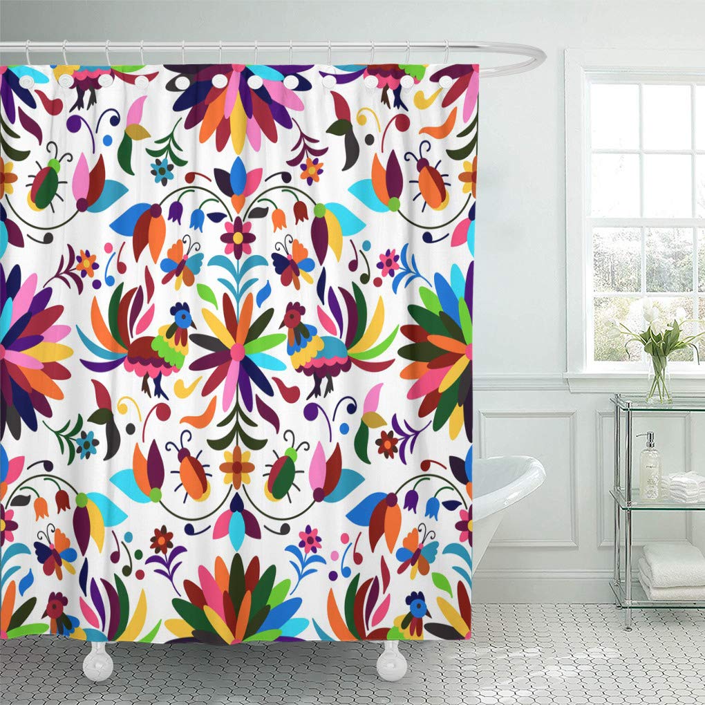 Emvency Waterproof Shower Curtain 66x72 Inches - Blue Bird Mexican Otomi Style Boho Floral Embroidery Bathroom Decor with Hooks | Perfect for Modern, Vintage & Bohemian Bathrooms