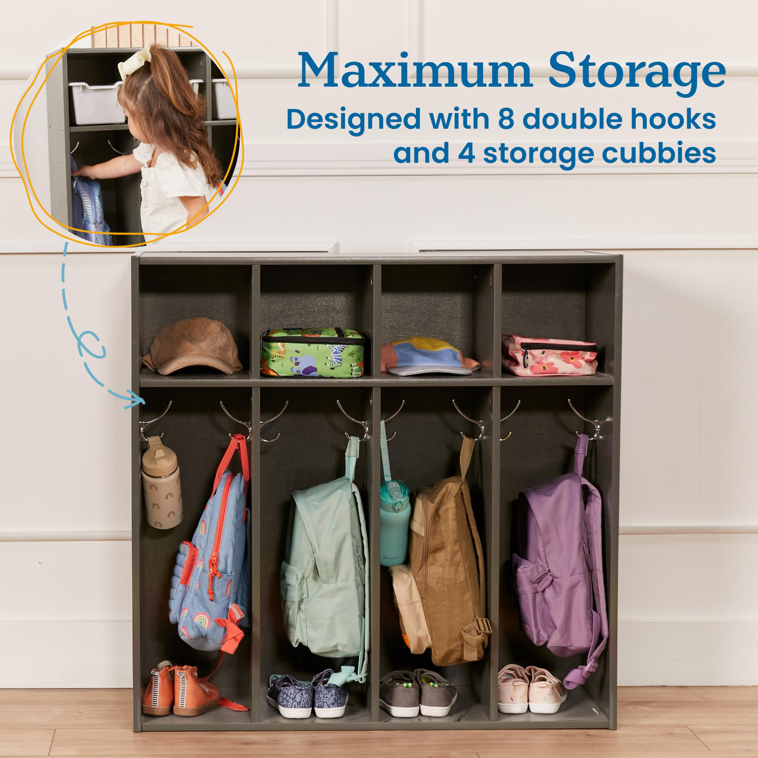 ECR4Kids Streamline 4-Section Toddler Coat Locker - Grey Wash Kids Furniture for Daycare, Preschool & Home Organization - Durable Storage Solution for Jackets, Backpacks & School Supplies