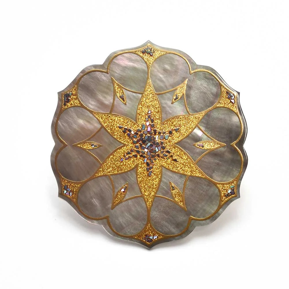 Handcrafted Maki-e Urushi Lacquer Brooch with Black Lip Oyster Pearl Shell - Geometric Japanese Jewelry for Women | Traditional Artisan Accessory for Special Occasions & Gift Giving
