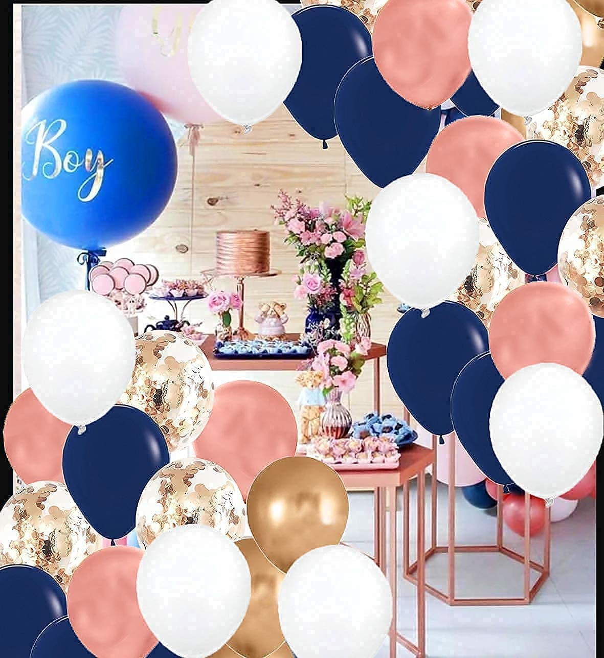 25pcs Navy Blue Rose Gold White Confetti Balloons - Birthday Party Decorations for Women, Wedding, Baby Shower & Gender Reveal - Perfect for Indoor/Outdoor Celebrations