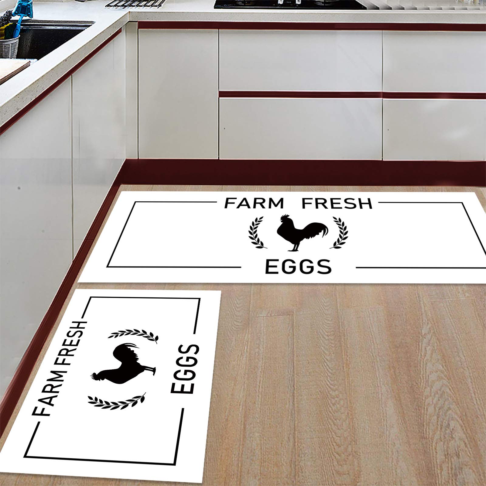 Farm Animals Kitchen Mat Set - 2 Pcs Absorbent Felt Rugs for Kitchen, Sink & Entryway - Non-Slip Doormat with Chickens & Wheat Design (19.7x31.5