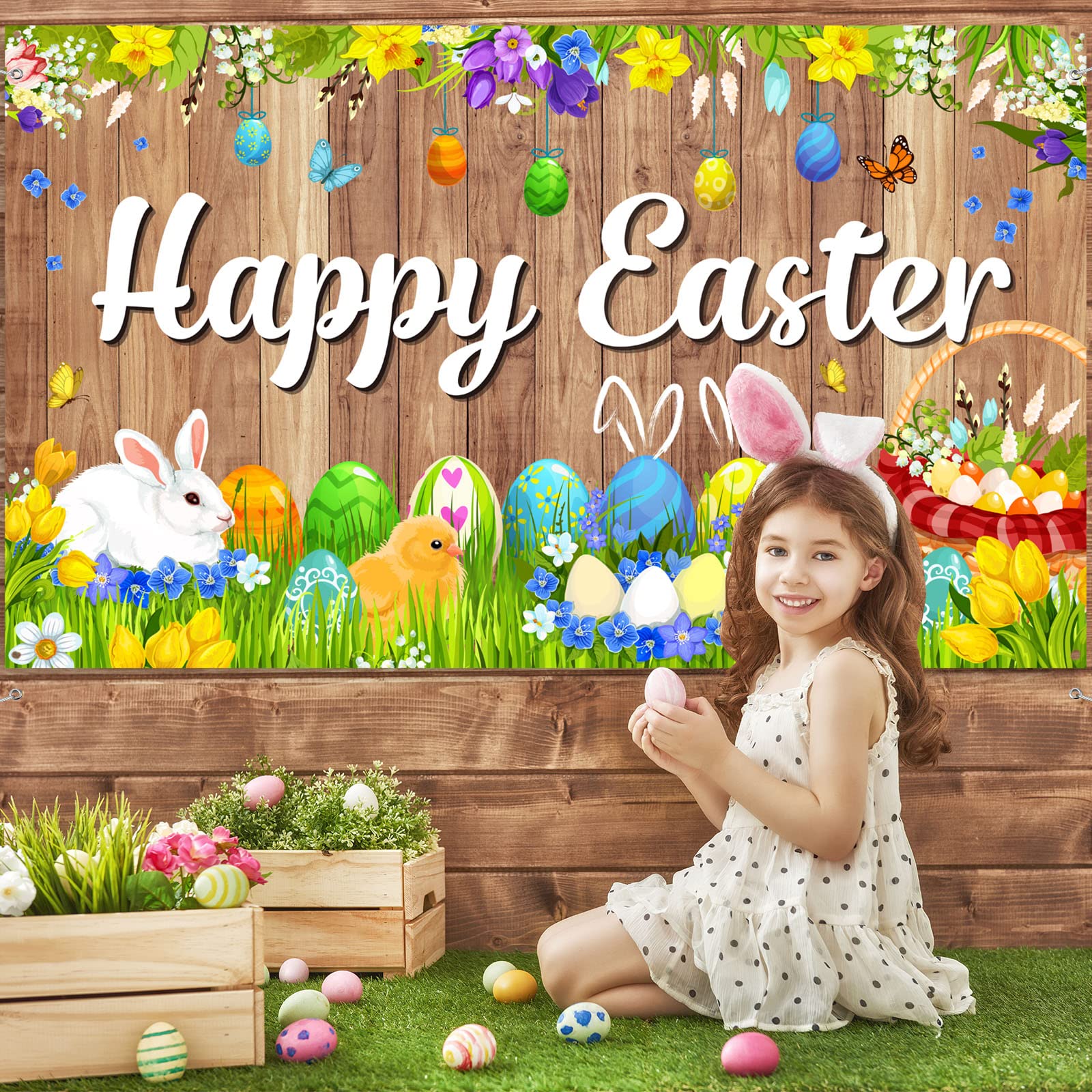 Happy Easter Backdrop Photography Banner - 70.8x43.3 Inch Bunny Grassland Rustic Wood Background with Easter Eggs for Spring Party Decorations, Church Events & Jesus Celebration - Perfect for Easter Photo Booths, Home Decor & Holiday Festivities