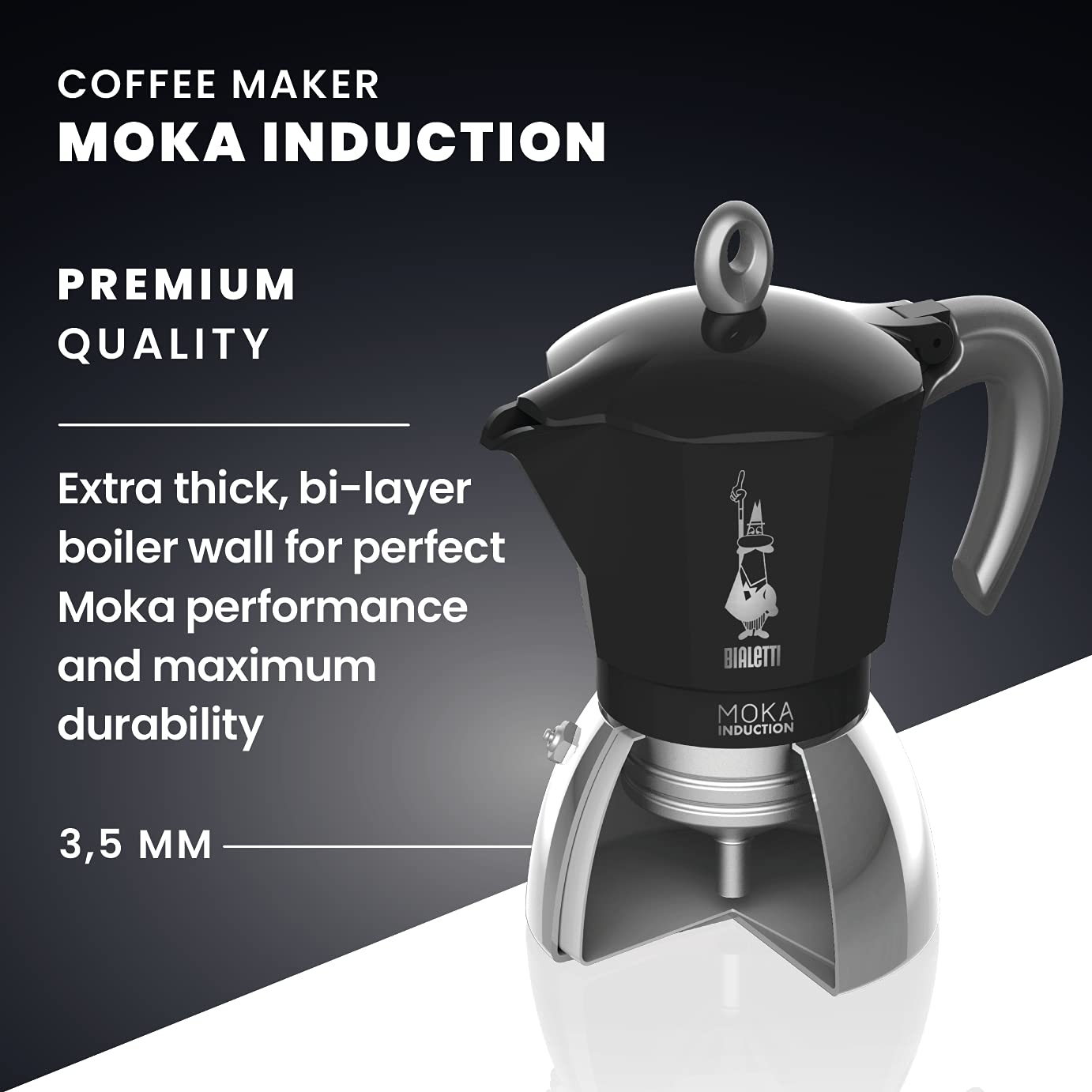 Bialetti New Moka Induction Coffee Maker Pot - 6 Cup (280ml) Aluminum Stovetop Espresso Maker, Black - Compatible with Induction & Gas Stoves - Italian Made - Perfect for Home, Office & Camping Coffee Brewing