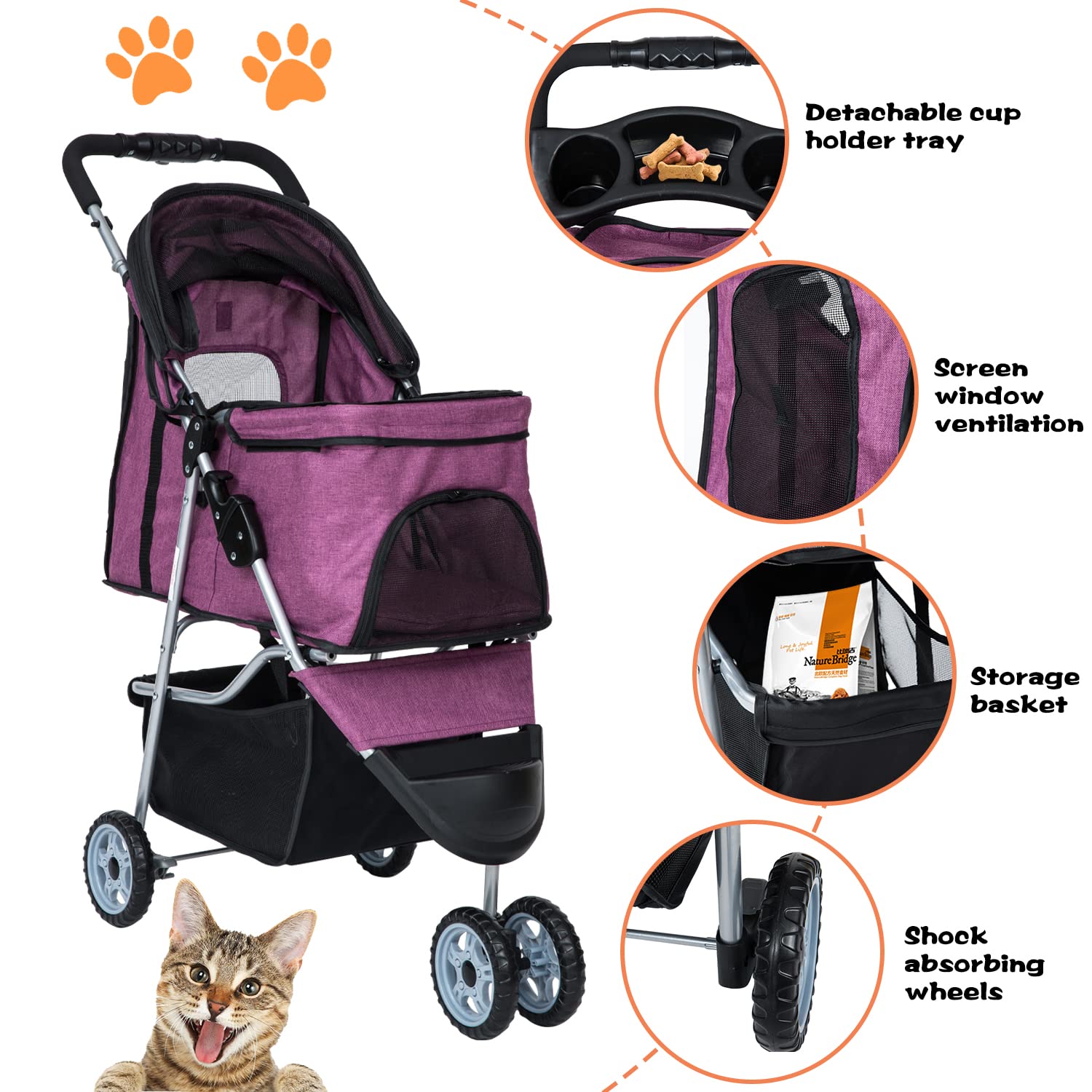 Lightweight Waterproof Dog Stroller for Small & Medium Dogs - Foldable Pet Travel Stroller with Storage Basket for Puppies & Cats | Perfect for Outdoor Walks, Vet Visits & Shopping Trips (Purple)