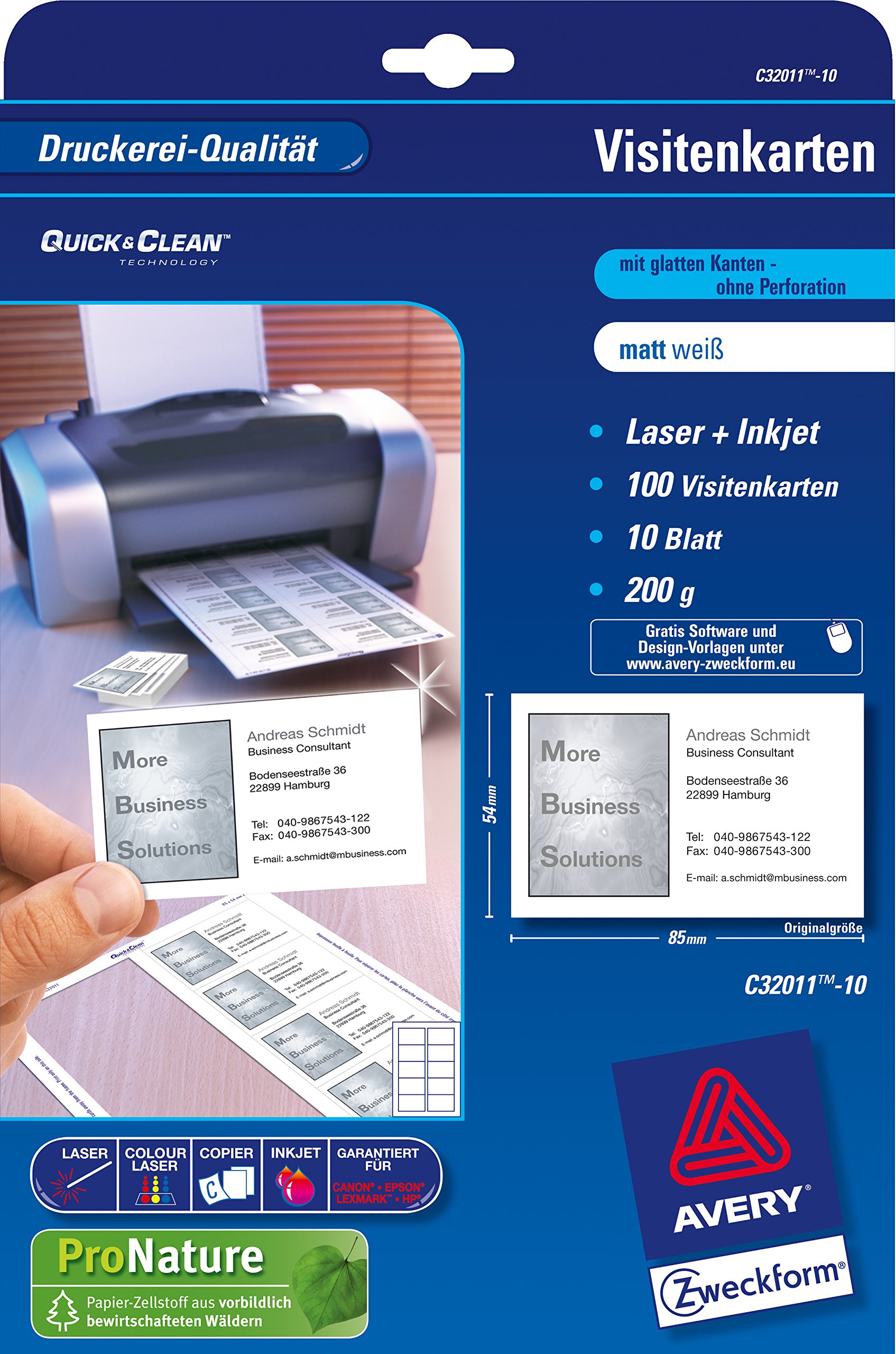 Premium Avery Zweckform Business Cards - 5000 Cards (500 Sheets) 85x54mm, 200 g/m² Matte White, Inkjet/Laser/Copier Compatible - Perfect for Networking, Corporate Branding & Professional Printing