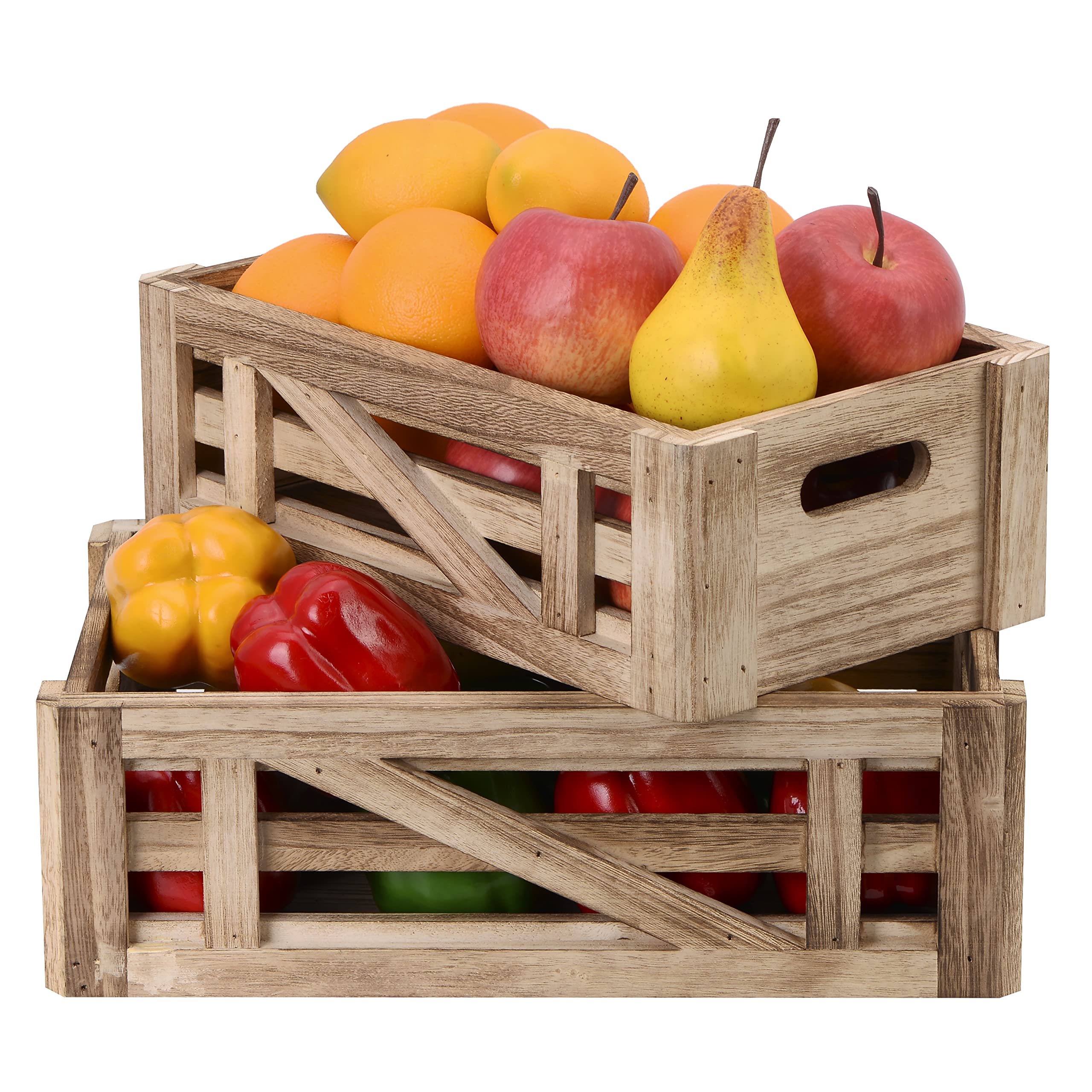 Rustic Wooden Crate for Kitchen Countertop Organization - Fruit & Vegetable Storage Basket Set with Versatile Display & Storage, Perfect as Fruit Holder, Snack Station, and Home Decor for Farmhouse Kitchens