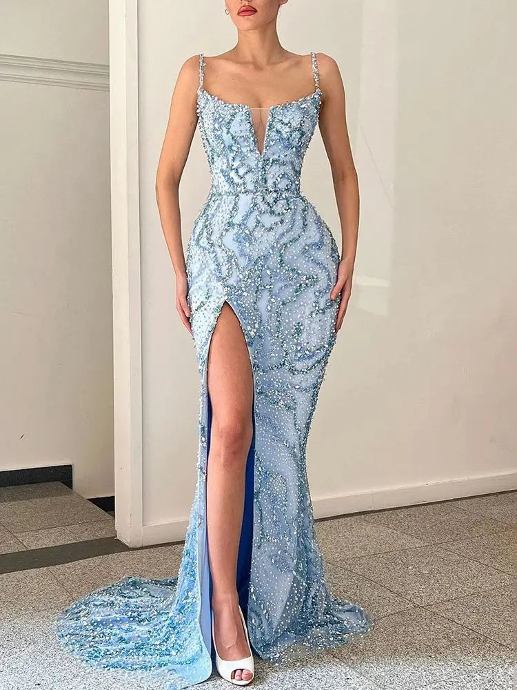 Luxury Beaded Dubai Blue Mermaid Evening Gown with High Split & Spaghetti Straps for Women - Elegant Party Dress for Prom, Gala & Formal Events
