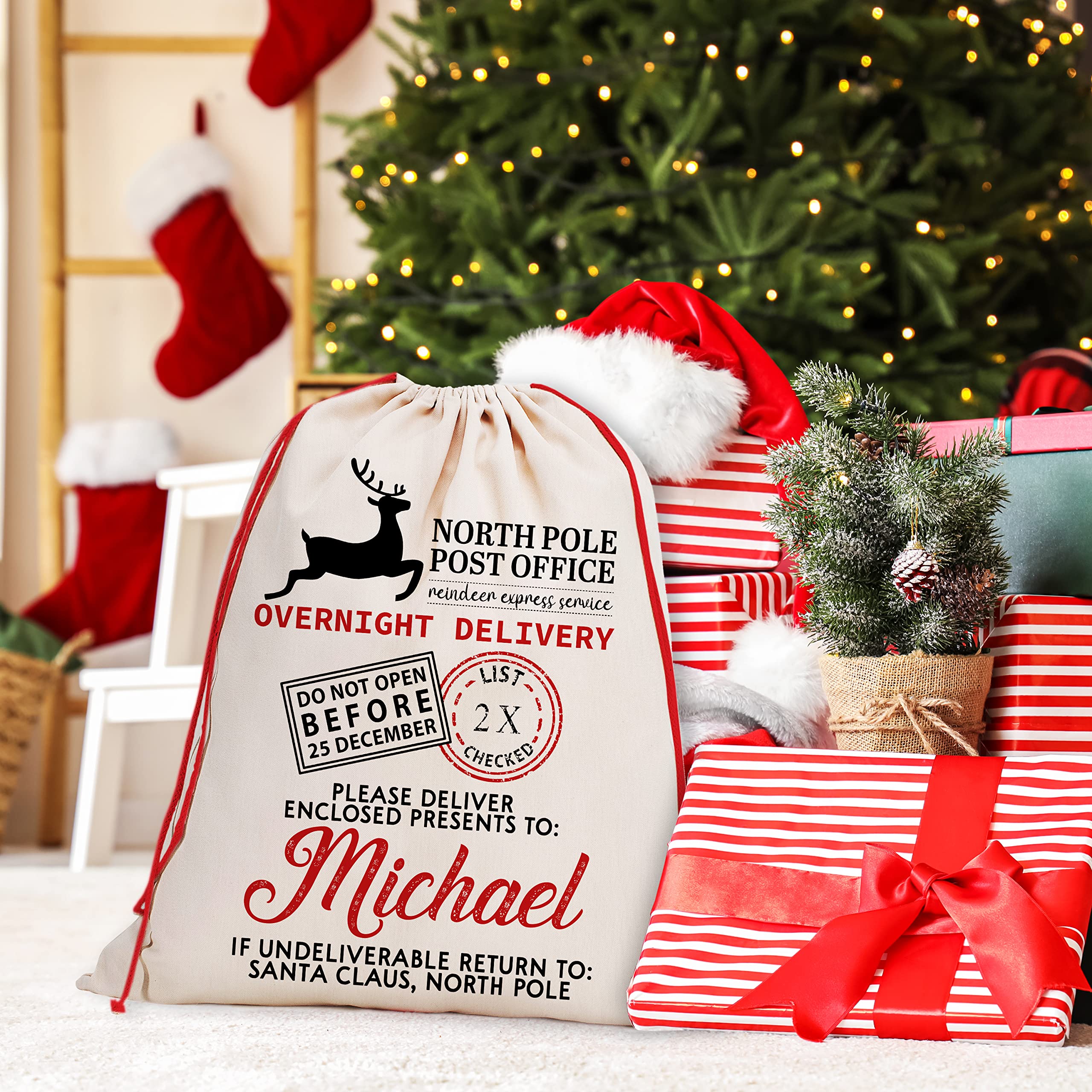 Personalized Santa Sack Gift Set of 4 - Custom Christmas Stocking Bags with Name - 9 Festive Design Options - 27.6