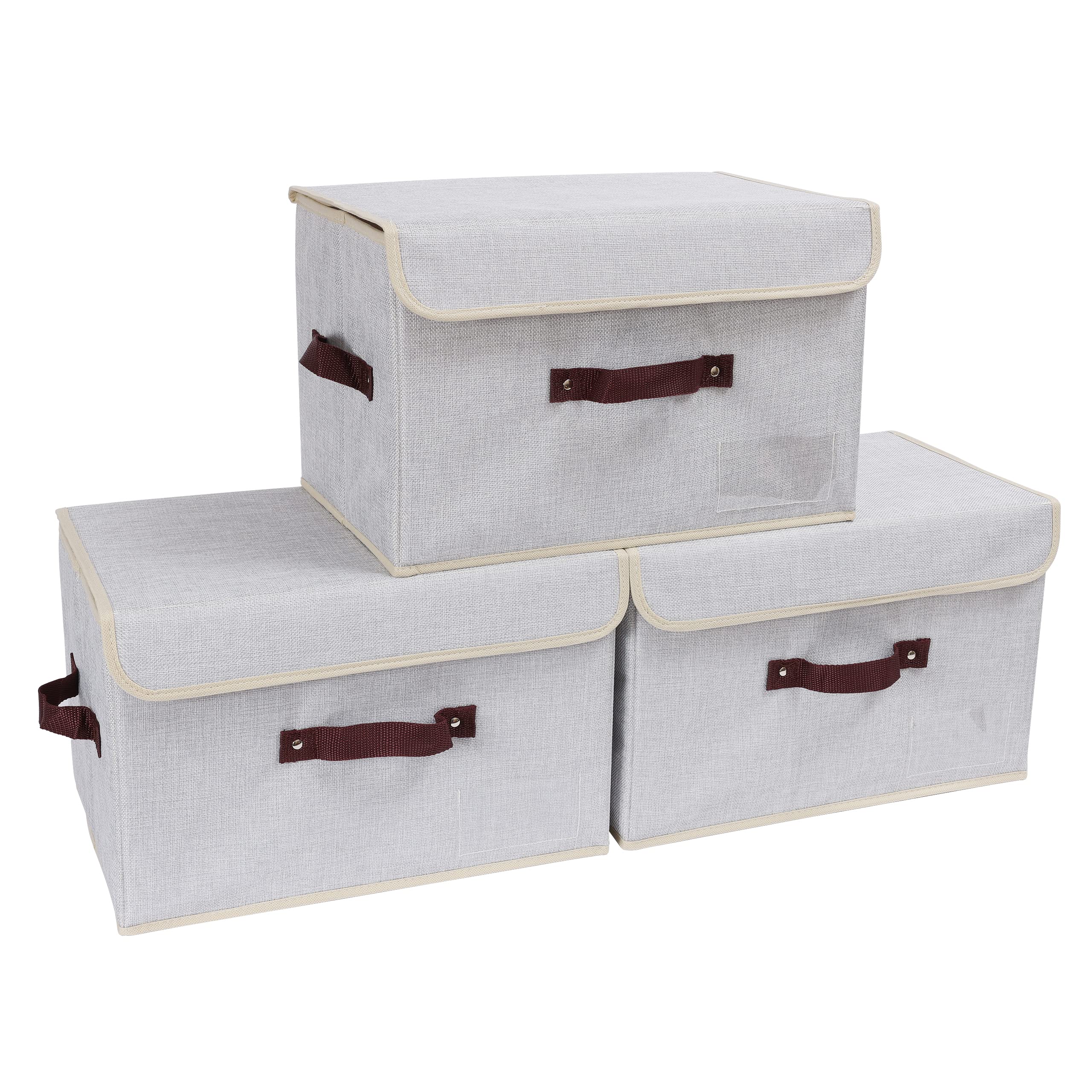 Foldable Storage Boxes with Lids & Handles - 3-Pack Collapsible Fabric Storage Bins for Home Organization, Bedroom Closet, Office Supplies - Space Saving Linen Storage Baskets (Silver White) | Perfect for Seasonal Decor, Toy Storage & Laundry Organization