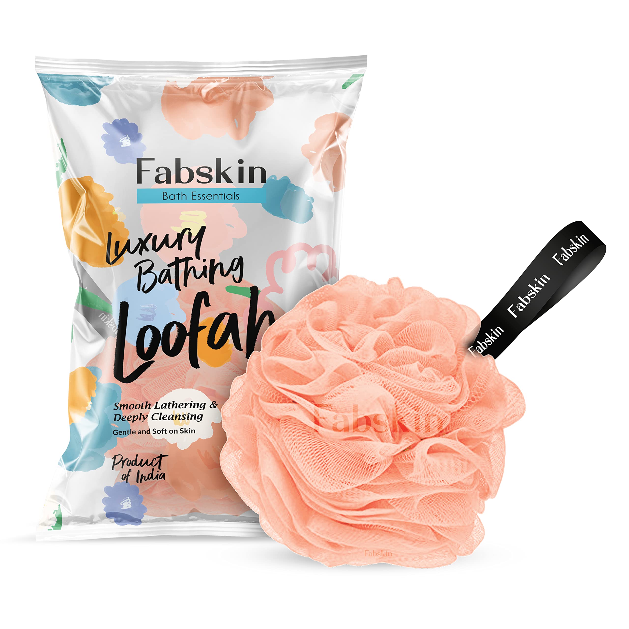FABSKIN Exfoliating Loofah Bath Sponge for Women & Men - Soft Body Scrubber, Shower Exfoliator with Gentle Peeling - Perfect for Daily Body Wash & Skin Care Routine (Peach Color)