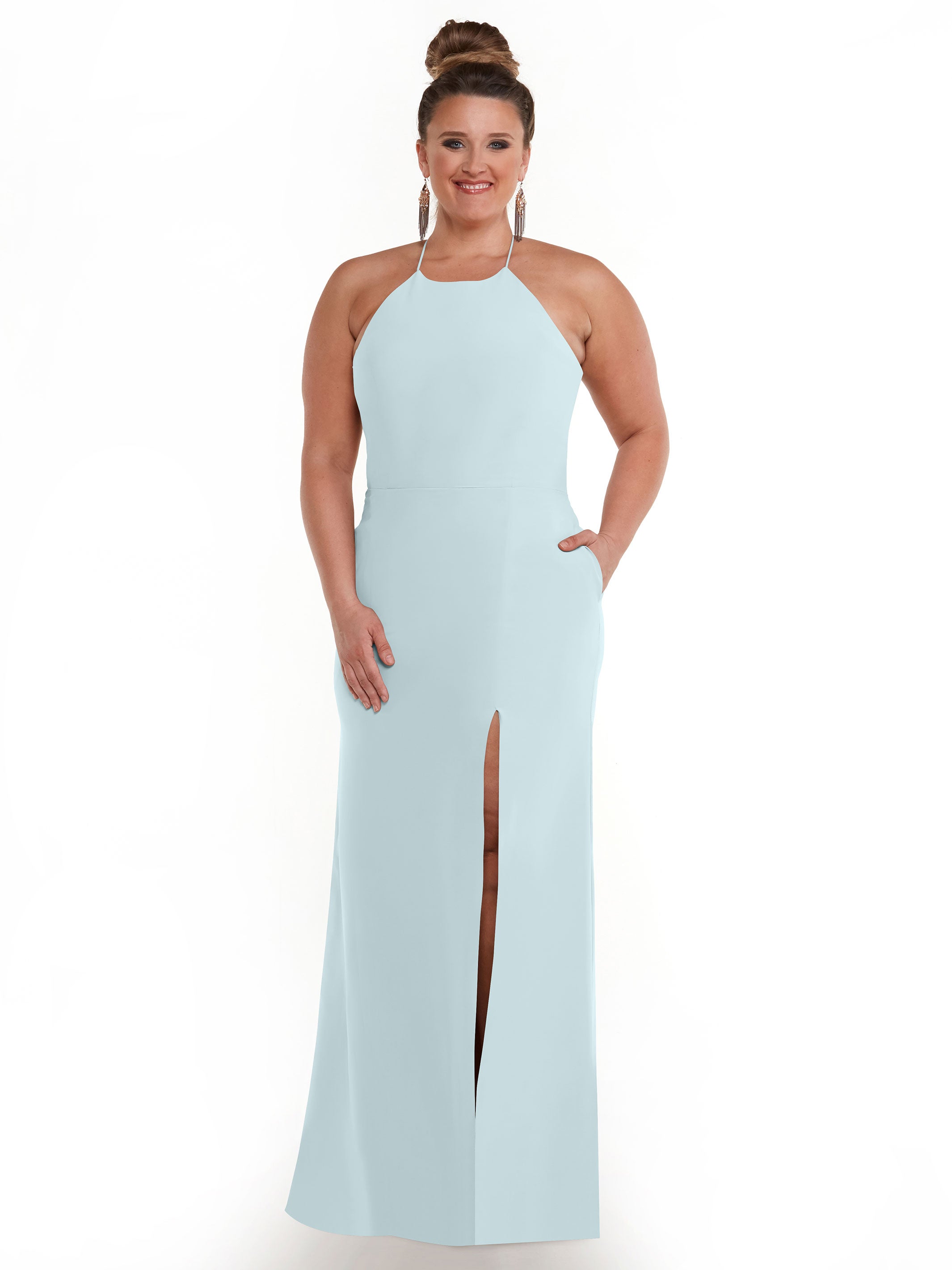 Elegant 83026 Sheath Stretch Chiffon Bridesmaid Dress with Halter Neckline & High Slit - Perfect for Weddings, Formal Events & Evening Parties