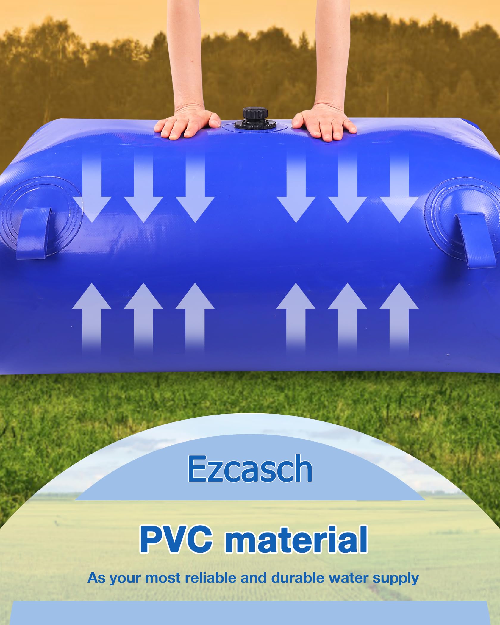 Ezcasch 63.4gal/240L Portable Water Storage Bladder - Large Capacity PVC Water Reservoir with Valves & Overflow Kit | Foldable Water Tank for Camping, Hiking, Emergency Preparedness & Outdoor Activities | Blue