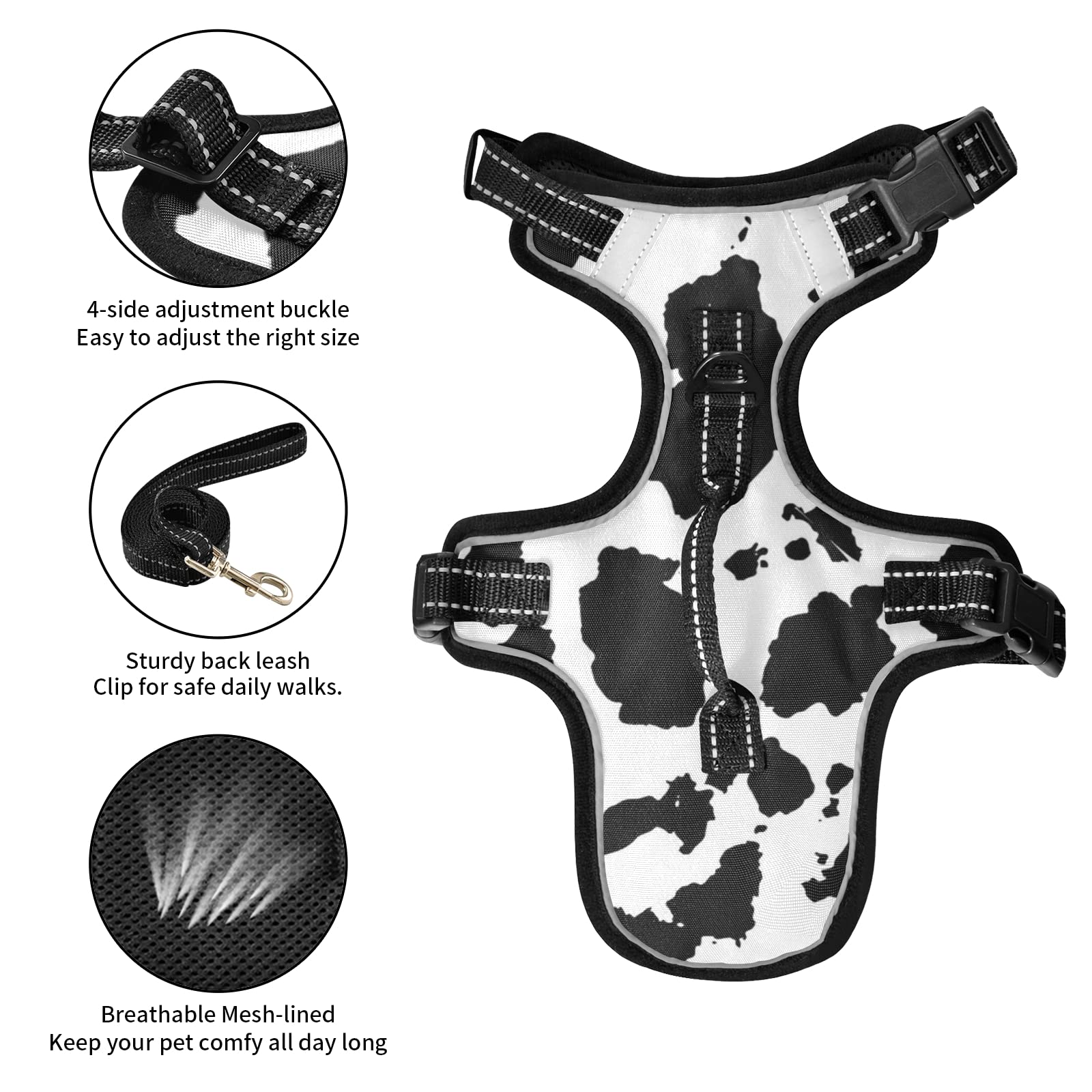 Black and White Cow Print Reflective Adjustable No-Pull Pet Harness with Leash Clips & Easy Control Handle - Anti-Slip Dog/Cat Vest for Walking, Running & Outdoor Adventures