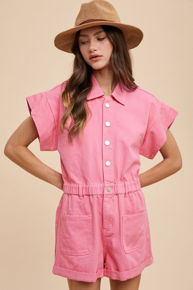 Aurora Pink Mineral Washed Romper with Elastic Waistband & Pockets - Casual Summer Outfit for Women, Beach Cover-Up, Vacation Wear, Lounge & Street Style