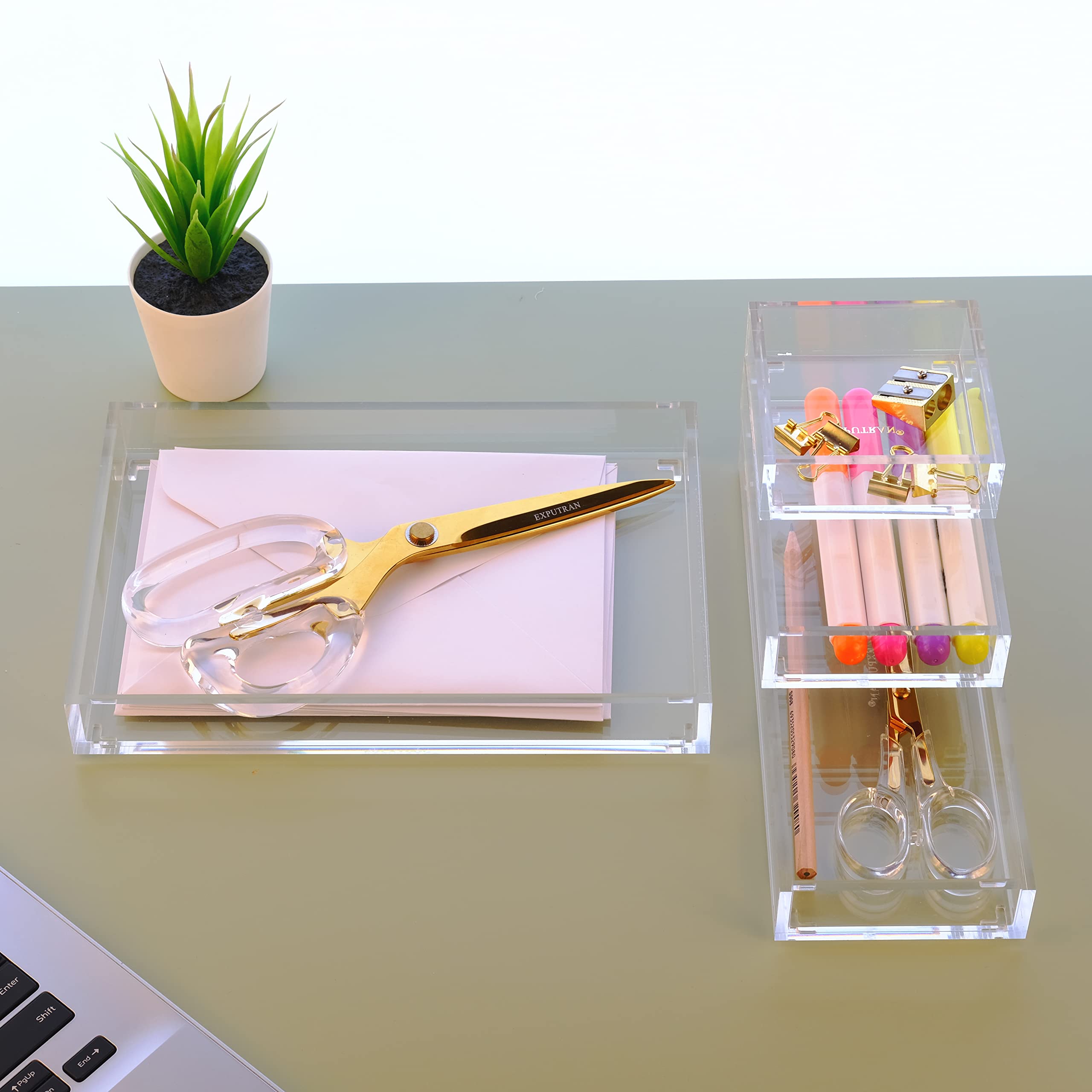 Clear Acrylic Desk Organizer 4-Pack - Stackable Drawer Dividers for Office, Home & Makeup Vanity | Small Tray & Half Accessory Tray for Jewelry, Stationery & Cosmetics Storage | Perfect for Workspace Organization & Beauty Essentials