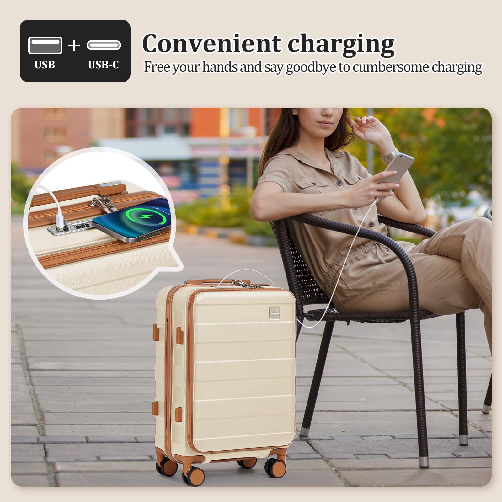 imiomo 20 Inch Airline Approved Carry on Luggage with TSA Lock - Hard Shell Spinner Wheel Suitcase with USB Charging Port (White) - Perfect for Business Travel & Weekend Getaways