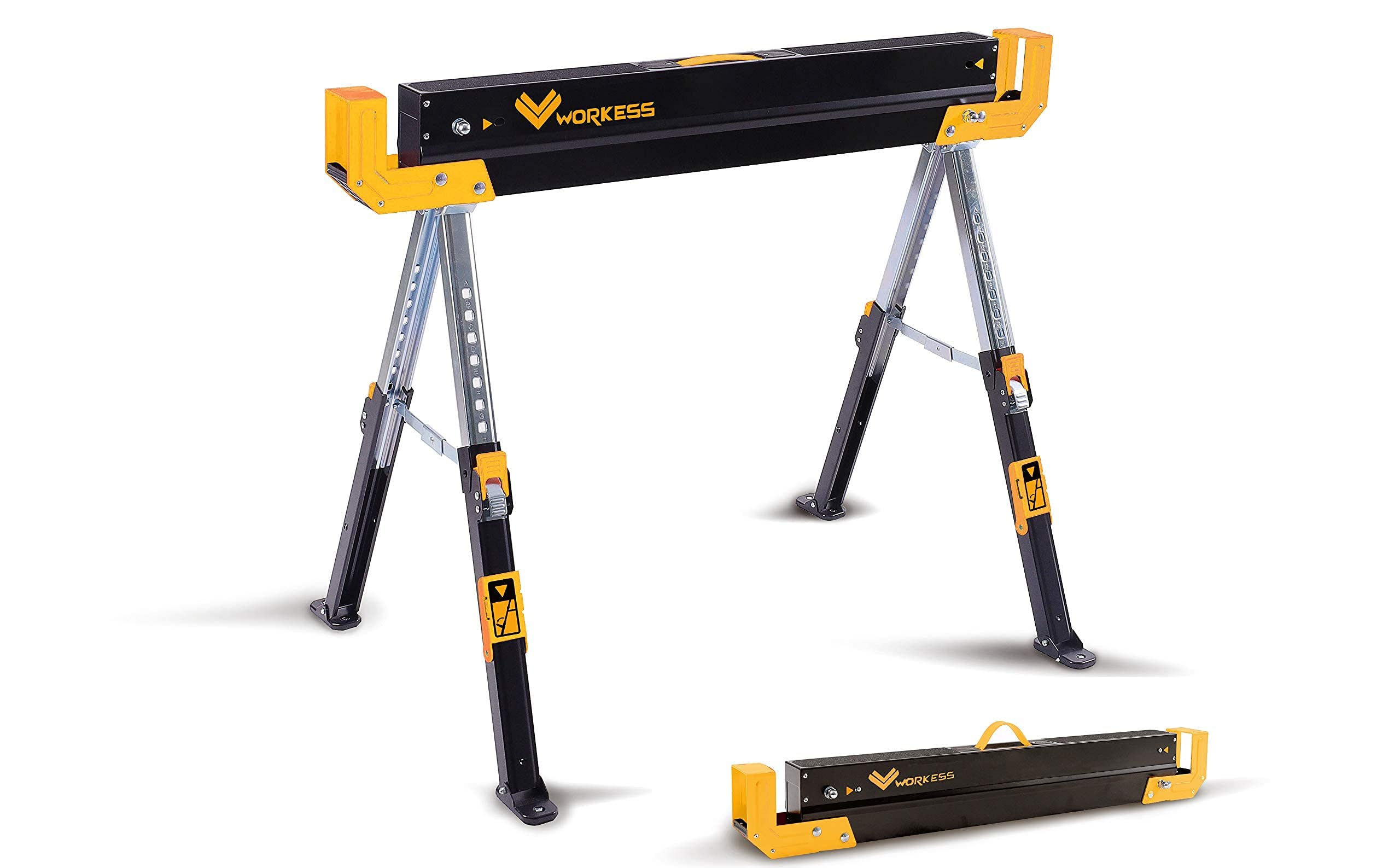 Heavy Duty Folding Saw Horses 2 Pack - 2600 Lbs Capacity, Adjustable Height 24-32 Inch with 2x4 Support Arms - Portable Workbench for Woodworking, Construction & DIY Projects - Easy Grip Handle & Foldable Legs for Compact Storage