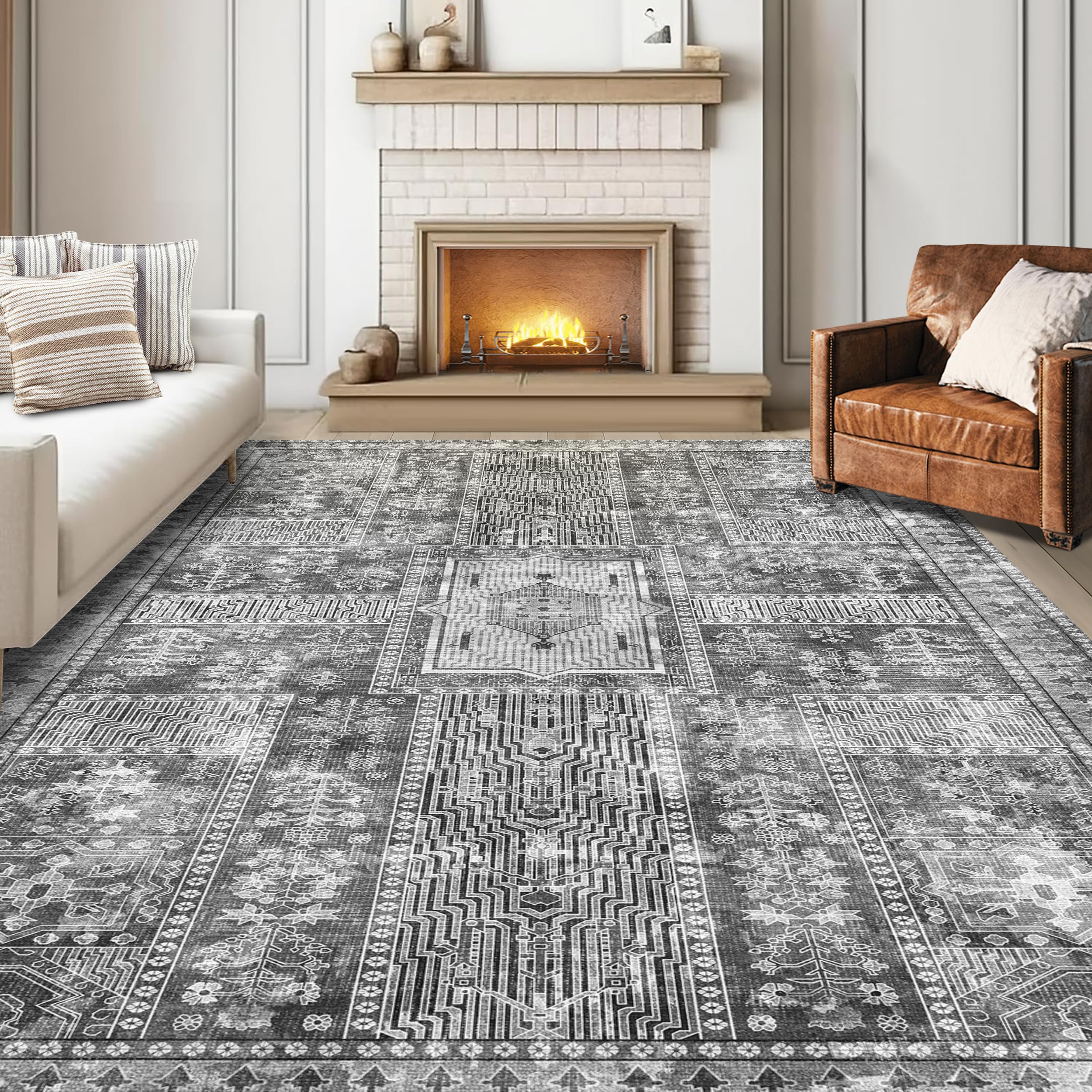 Vintage 8' x 10' Washable Area Rug - Non-Slip Indoor Carpet for Living Room, Bedroom & Dining Area - Lightweight Foldable Home Decor in Grey - Perfect for Home, Office & Apartment Flooring