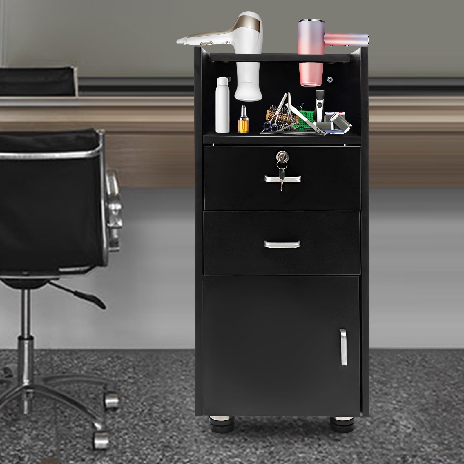 5-Tier Barber Station Storage Cabinet with 2 Drawers & Hair Dryer Holders - Professional Salon Hair Stylist Utility Organizer for Tools & Accessories - Perfect for Home & Commercial Barber Shops, Black
