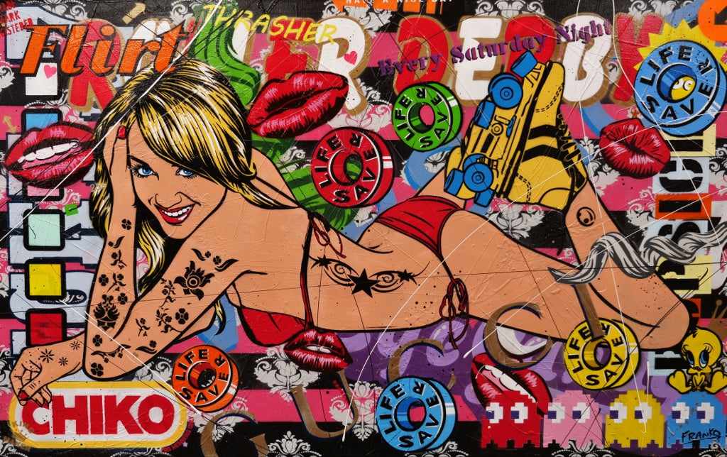 Saturday Night Roller Derby 160cm x 100cm Textured Urban Pop Art Canvas Painting - Modern Wall Decor for Living Room, Bedroom & Office