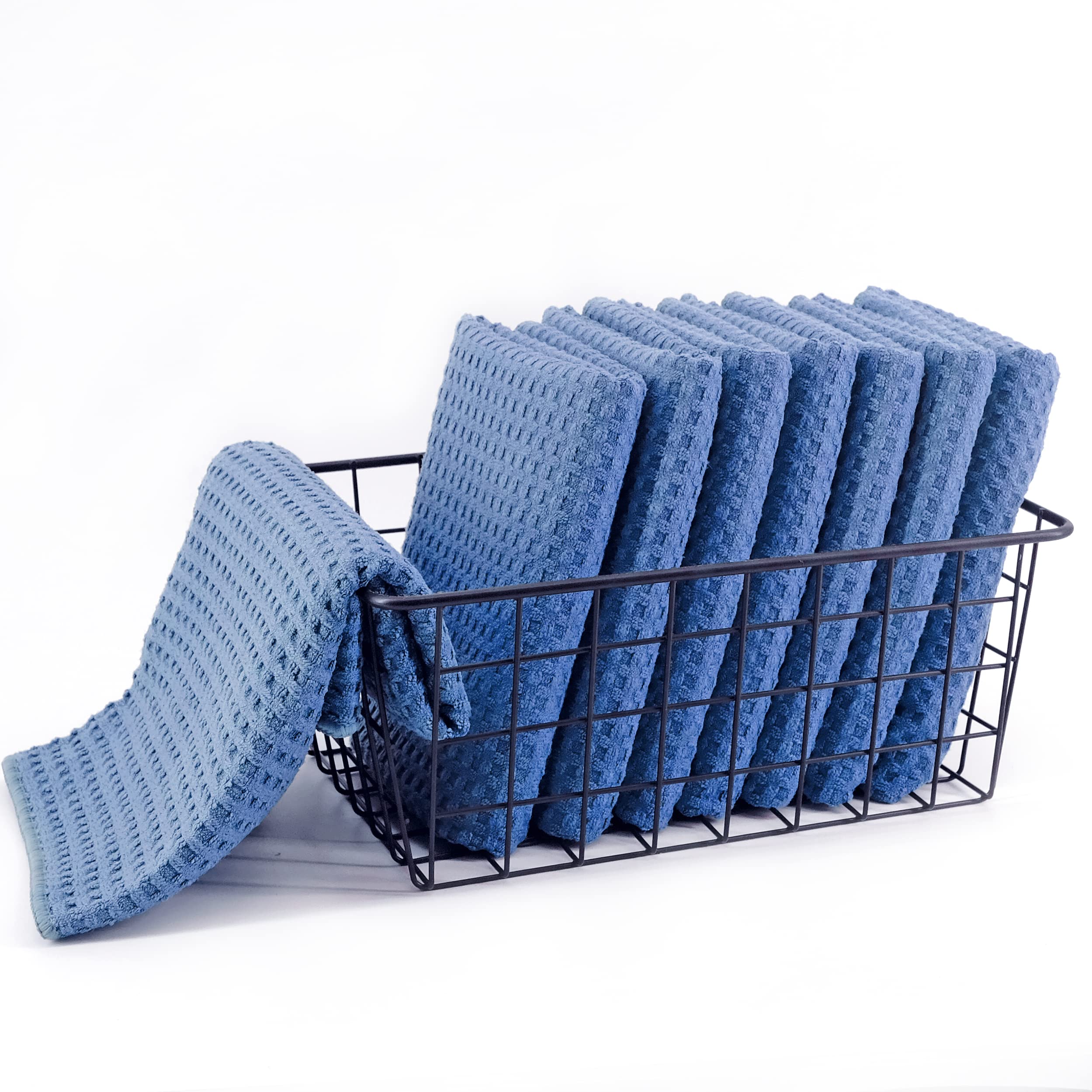 POLYTE Ultra Premium Microfiber Kitchen Dish Towels - 8 Pack Waffle Weave Hand Towels (16x28 Inches, Blue) - Super Absorbent & Quick Drying for Dishes, Countertops & Household Cleaning