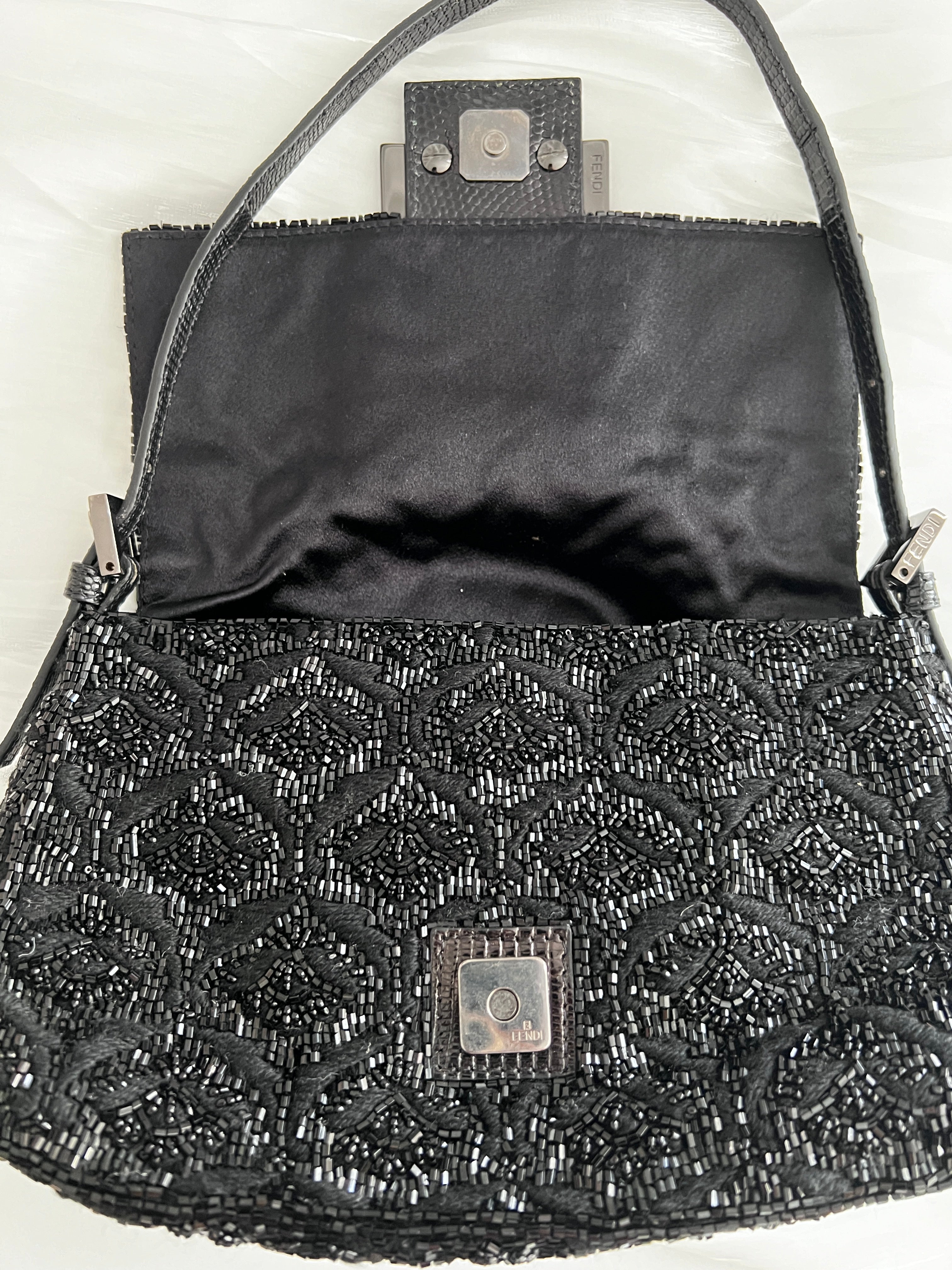 Fendi Black Rose Pattern Beaded Mini Mamma Baguette Bag - Luxury Crossbody Purse for Women, Evening Parties & Special Occasions