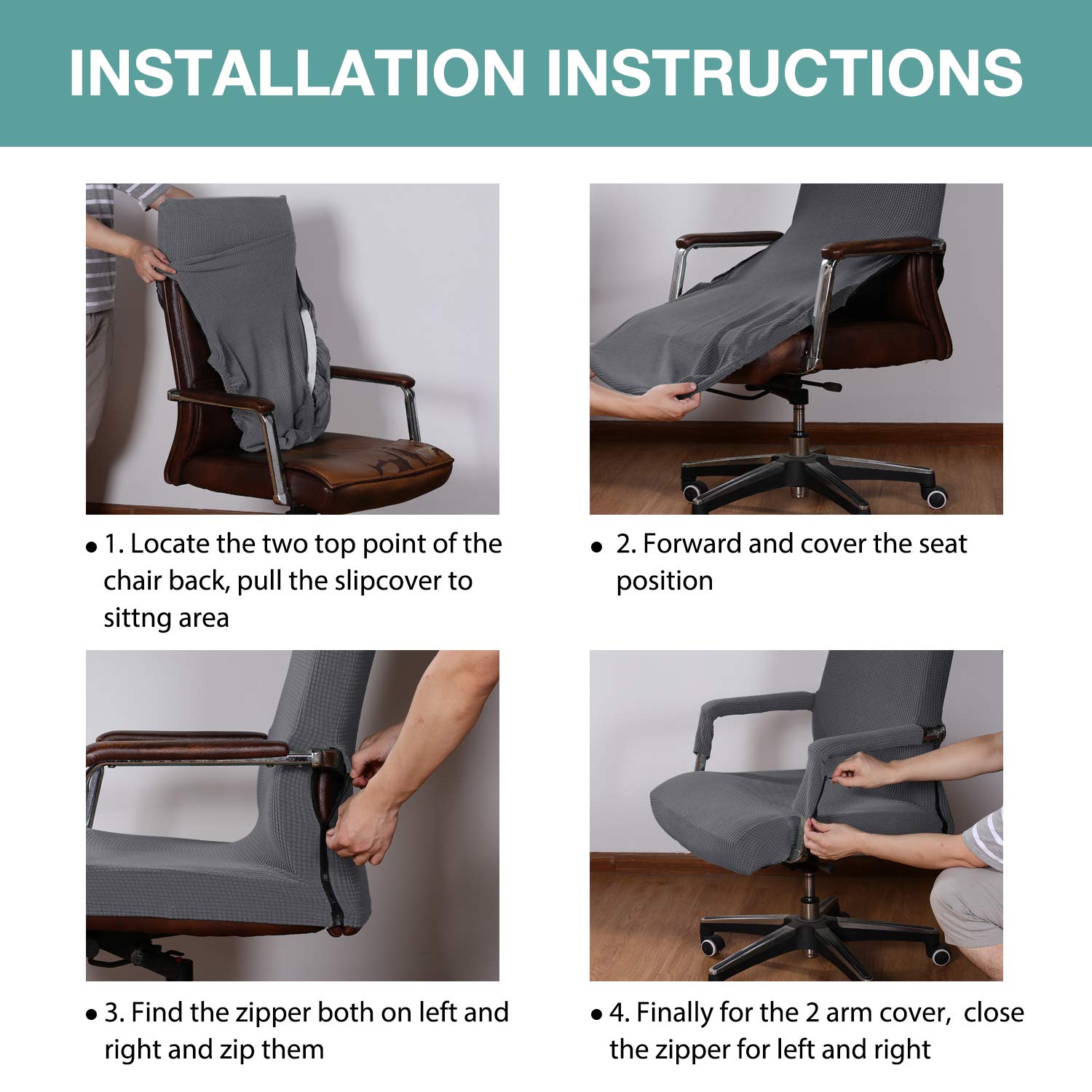Turquoise Stretch Office Chair Cover with Arms - Universal Removable Desk Chair Slipcover for Computer & Boss Chairs - Pet-Friendly Fabric Protector for Dogs & Cats - Perfect for Home Office & Workspace (Gray)