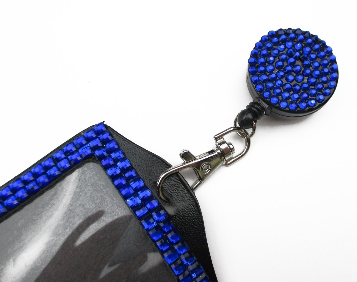ALL in ONE Rhinestone Lanyard - Bling Crystal Necklace with Badge Reel & Card Holder for Business ID/Key - Royal Blue | Perfect for Office, Events & Work Accessories
