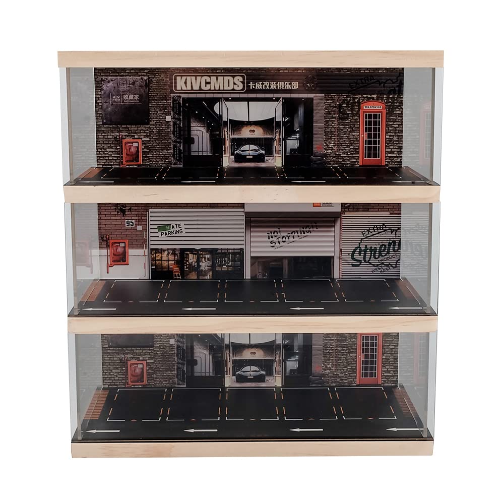 1:64 Scale 3-Tier Vehicle Display Case for Sports Cars & Lego Models - Alloy Car Model Toy Stand with Parking Lot & Auto Repair Shop Scene - Perfect for Collectors & Home Decor