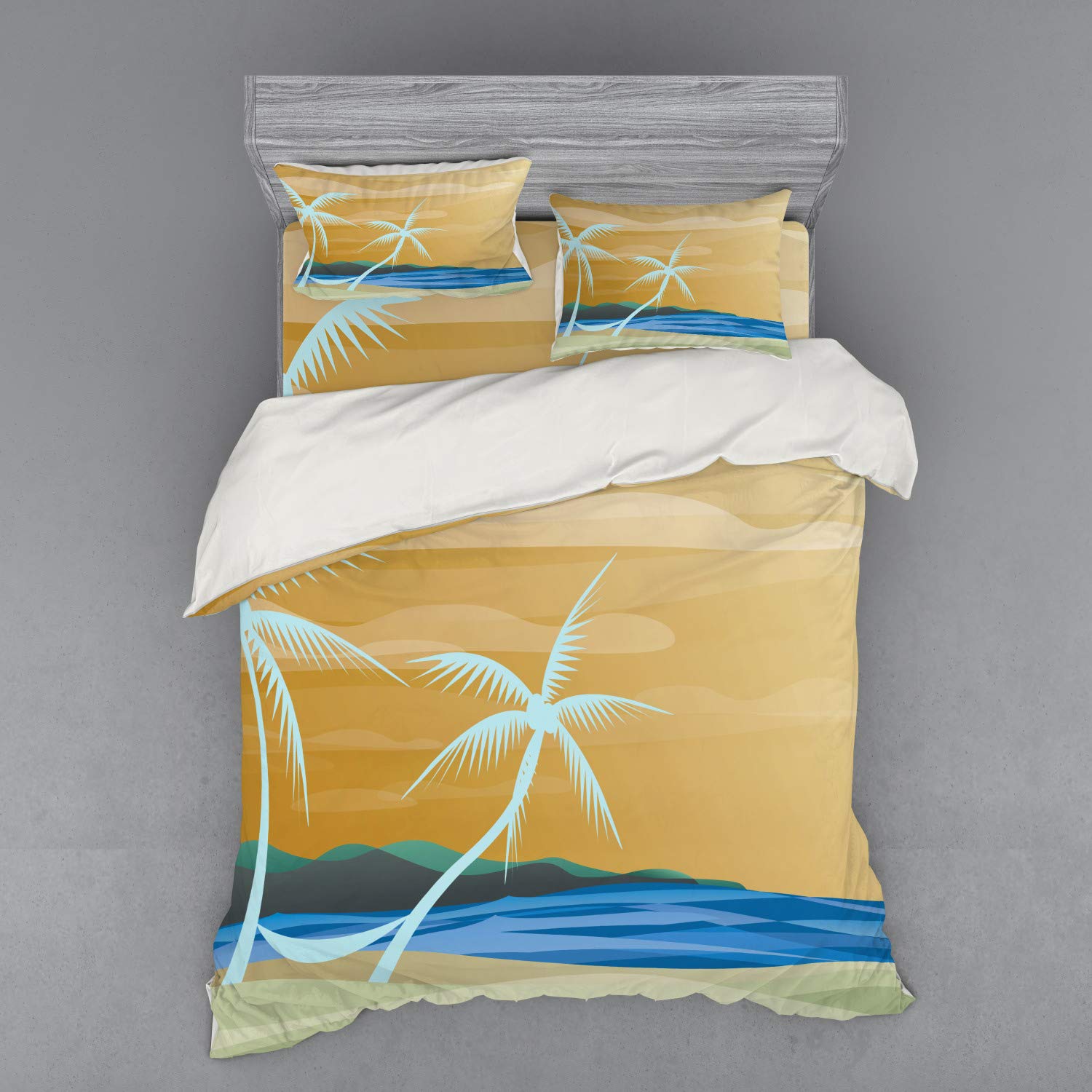 Ambesonne Tropical Beach Duvet Cover Set - Queen Size 4-Piece Bedding with Hammock Design, Navy & Cream Ocean Print - Includes Duvet Cover, 2 Pillow Shams & Fitted Sheet - Perfect for Beach House Decor, Coastal Bedroom Theme or Summer Vacation Vibes