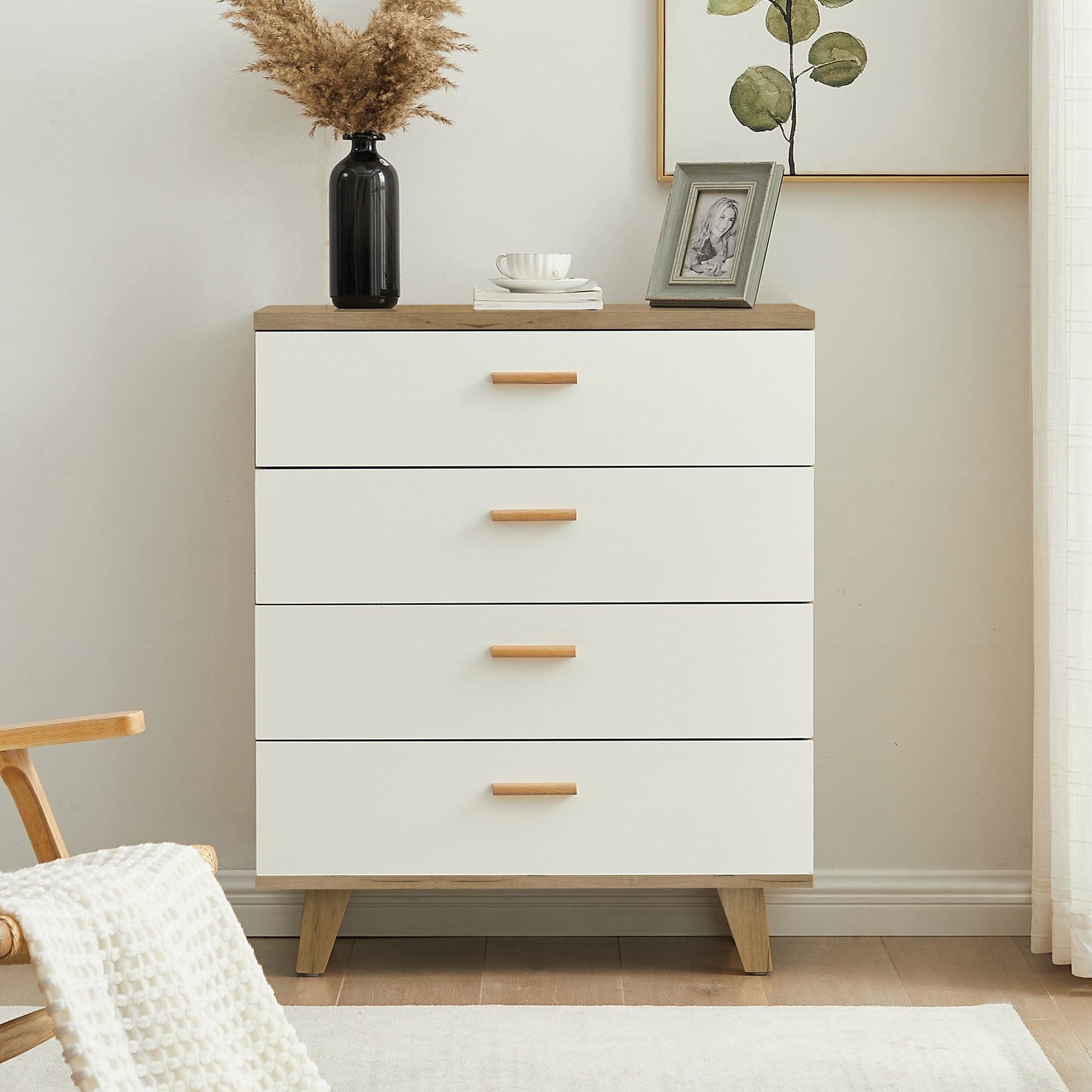 Solid Wood Drawer Dresser Cabinet with Handles - Buffet Sideboard Storage Console Table for Dining Room, Living Room, Kitchen & Hallway - Brown & White Finish | Perfect for Home Organization & Extra Storage Space