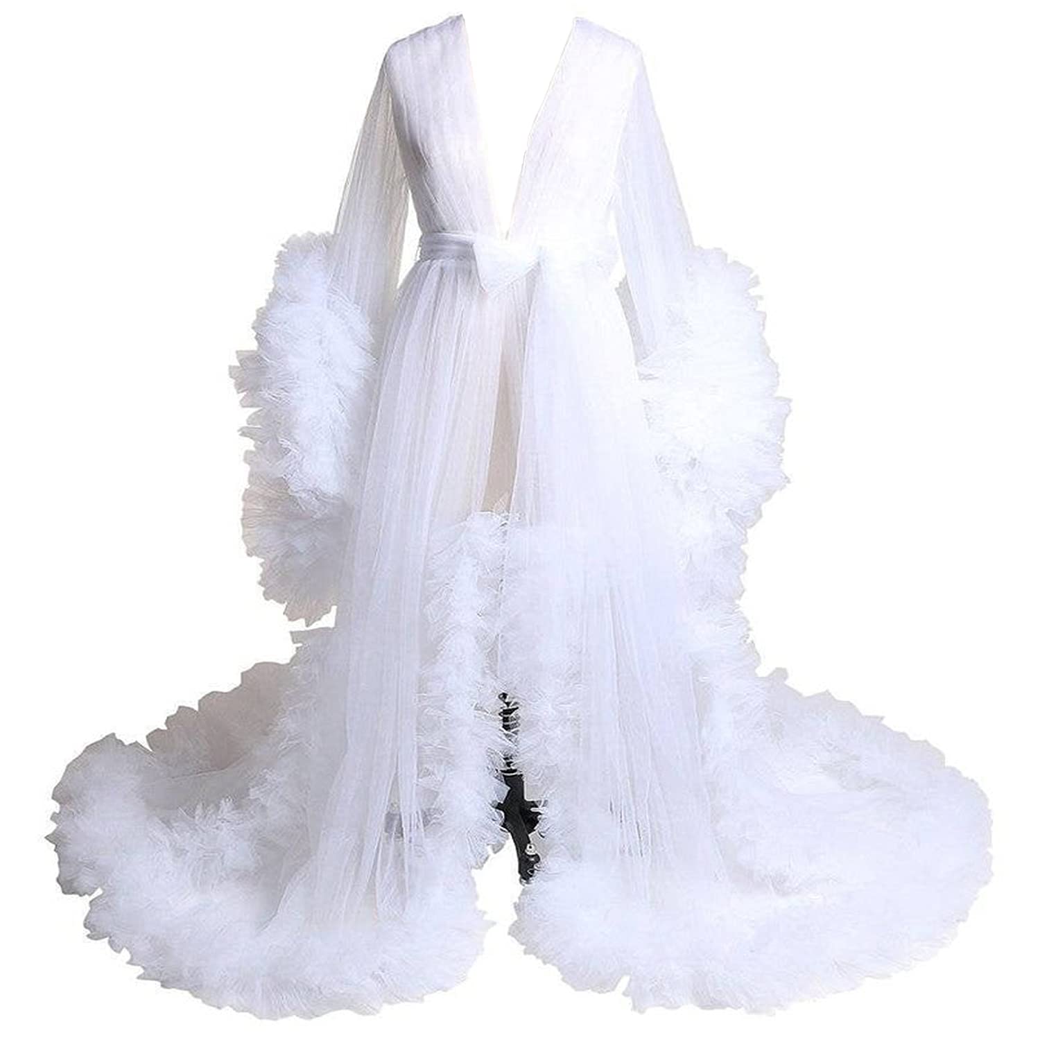 Elegant SZJMS Tulle Bridal Robe - Long Open Front Lace Nightgown for Maternity Photoshoot & Wedding Night | Plus Size Lingerie Dress for Brides, Pregnancy Photos & Special Occasions