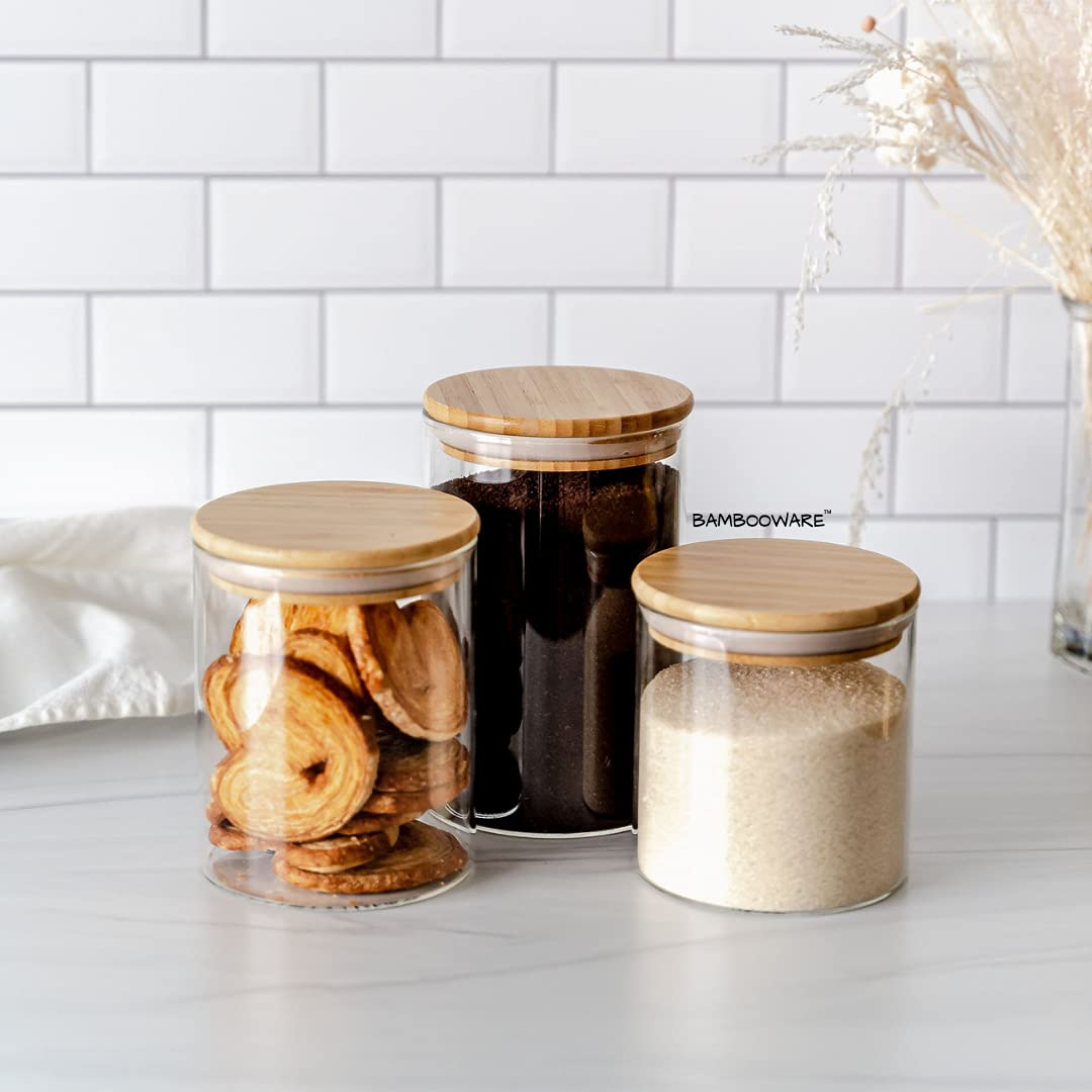Airtight Glass Storage Containers with Wooden Lids - Set of 3 Kitchen & Pantry Organization Jars for Sugar, Flour, Rice, Pasta, Spices, Candy, Cookies | Perfect for Baking, Meal Prep & Food Storage