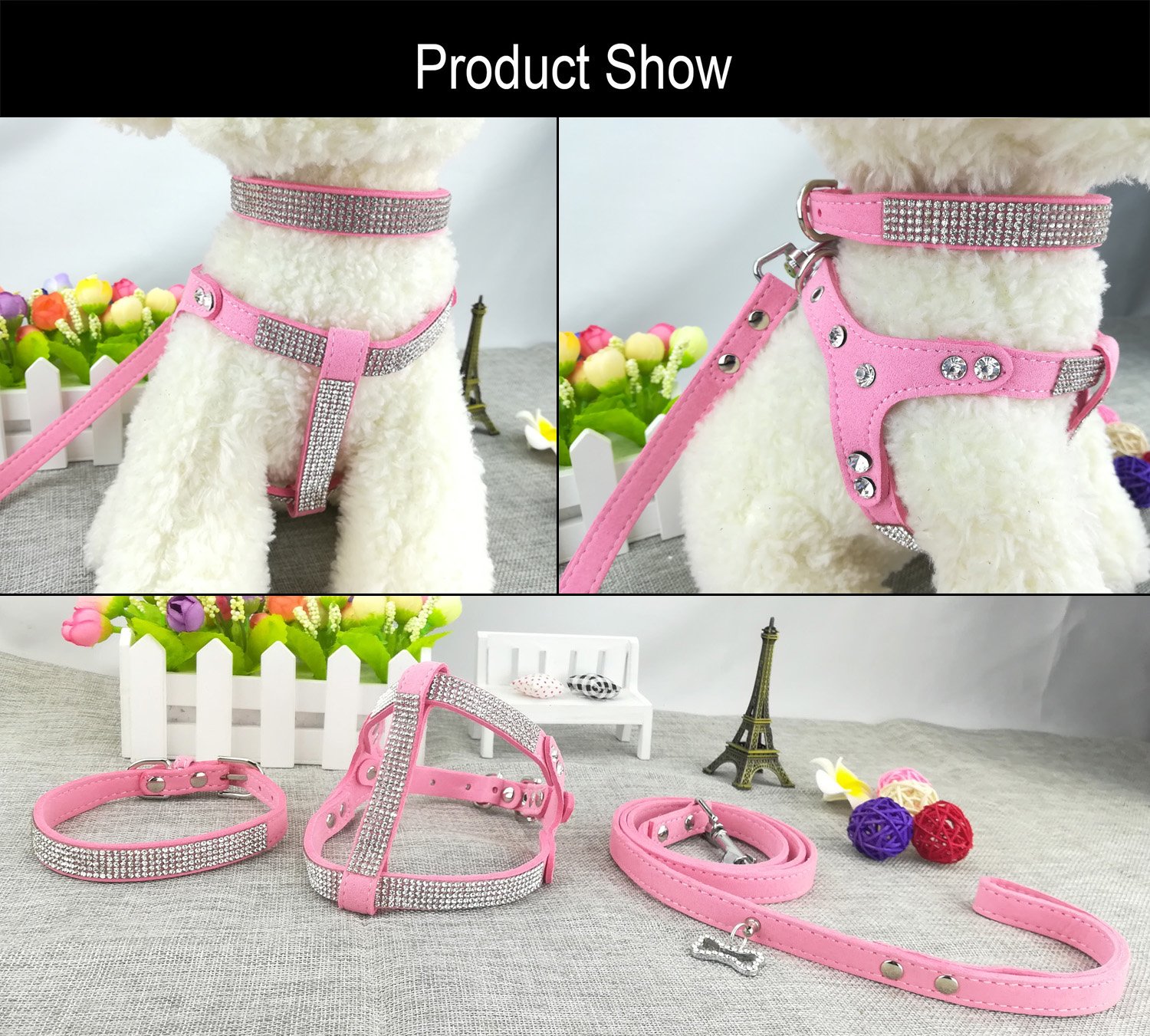 Premium Dog Collar Harness & Leash Set - Sparkling Diamante Design, Soft Comfortable Pet Accessories for Small to Medium Dogs (Pink, Size M) - Perfect for Daily Walks, Training & Outdoor Adventures