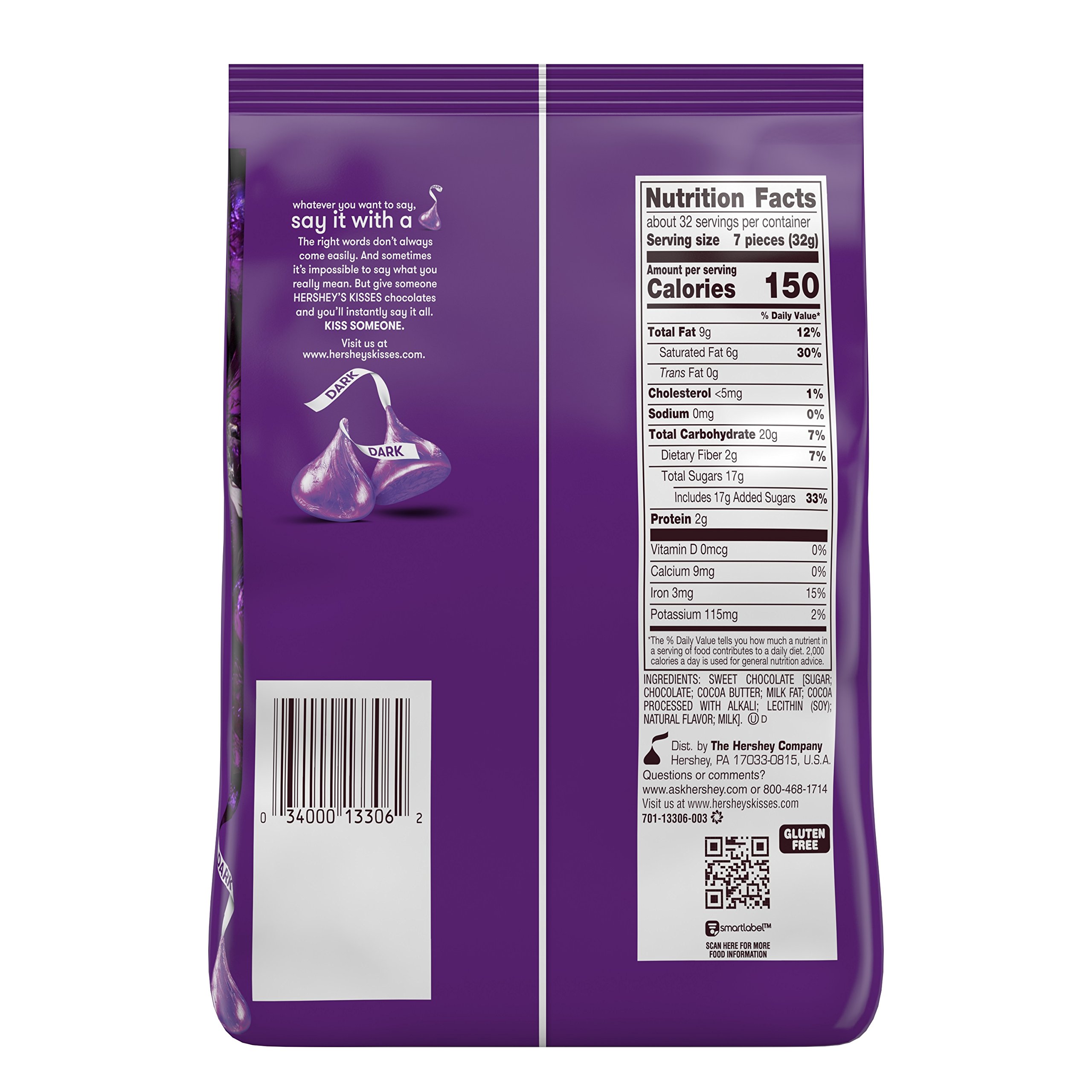 Hershey's Kisses Dark Chocolate Candy - 36.5 Ounce Bulk Bag for Baking, Gifts & Parties | Rich Cocoa Flavor for Desserts, Snacks & Holiday Treats