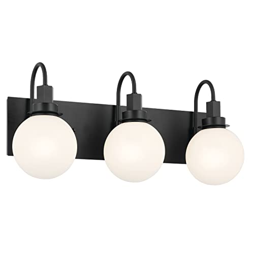 Kichler Hex 3-Light Modern Vanity Light Fixture - Black with Opal Glass, Up/Down Mount, Damp Rated for Bathroom (22.75