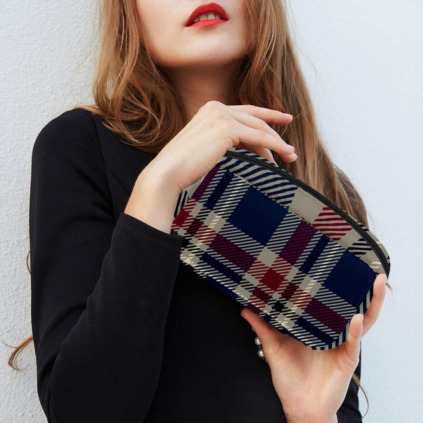 Waterproof Cosmetic Zipper Pouch - Navy Tartan Plaid Makeup Bag for Women | Travel Toiletry Organizer | Perfect for Gym, Vacation & Daily Essentials Storage