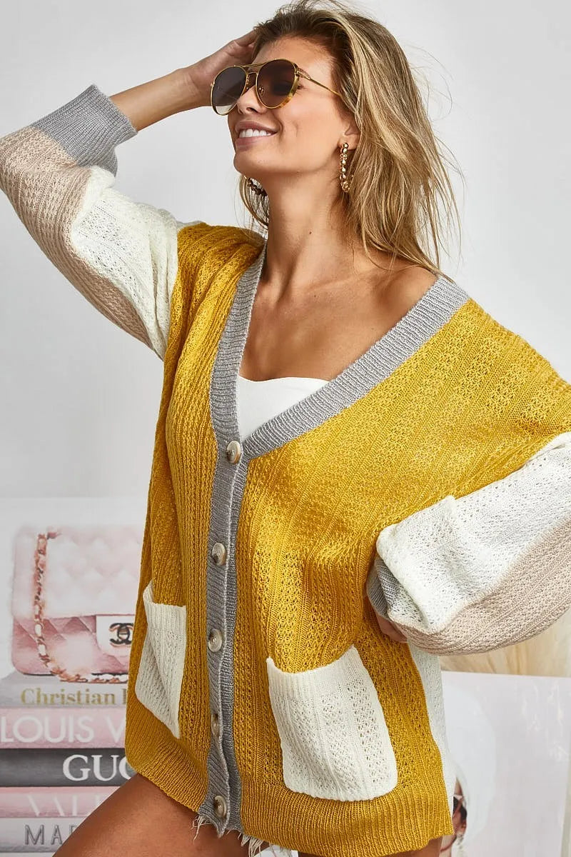 Stylish BiBi Color Block Sweater Cardigan with Button Closure - Cozy Knitwear for Women | Perfect for Fall Outfits, Office Wear & Casual Dates