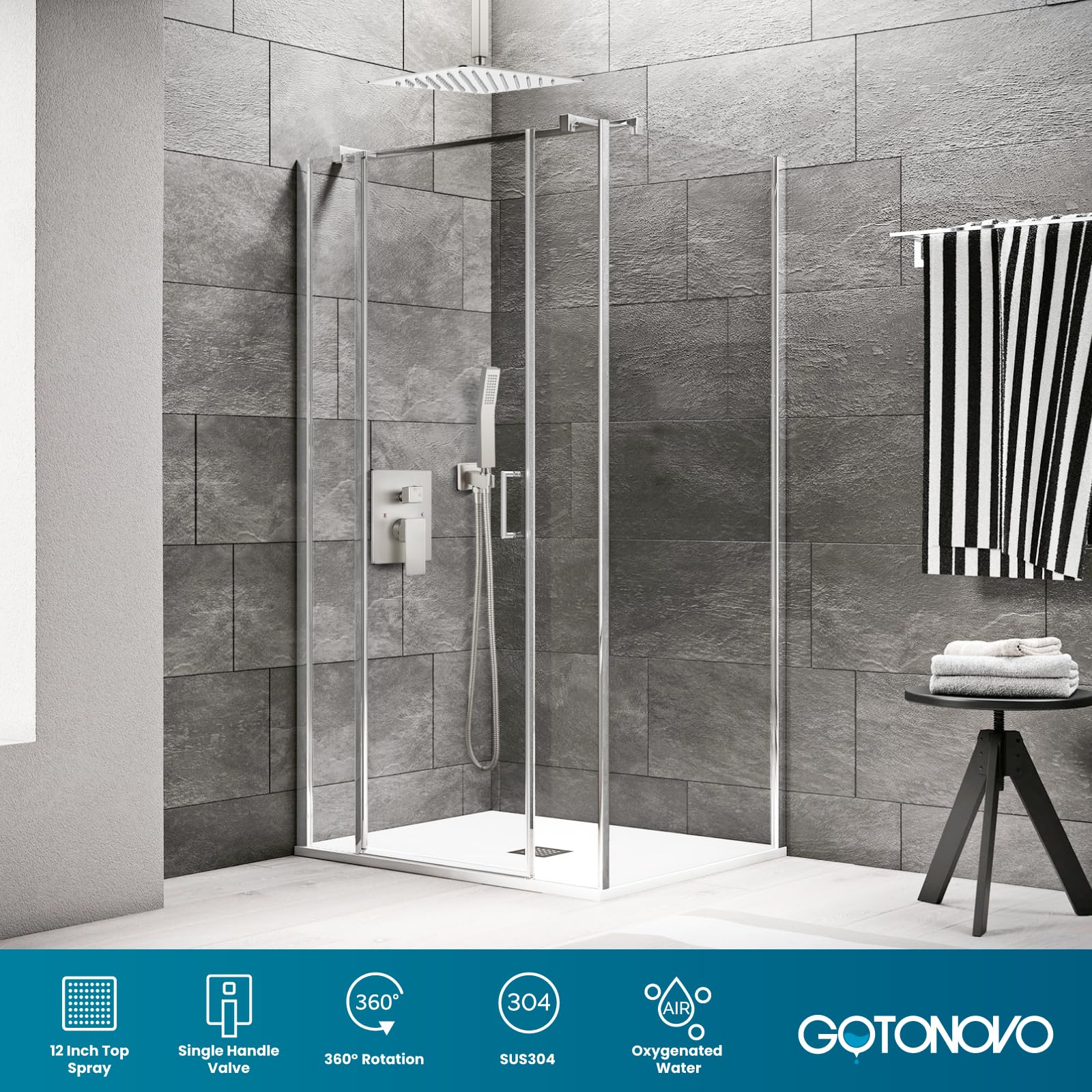 Gotonovo Luxury 12-Inch Rain Shower Combo Set - Ceiling Mount High Pressure Shower System with Handheld Spray, Brushed Nickel Finish - Perfect for Modern Bathroom Renovations & Spa-Like Shower Experience