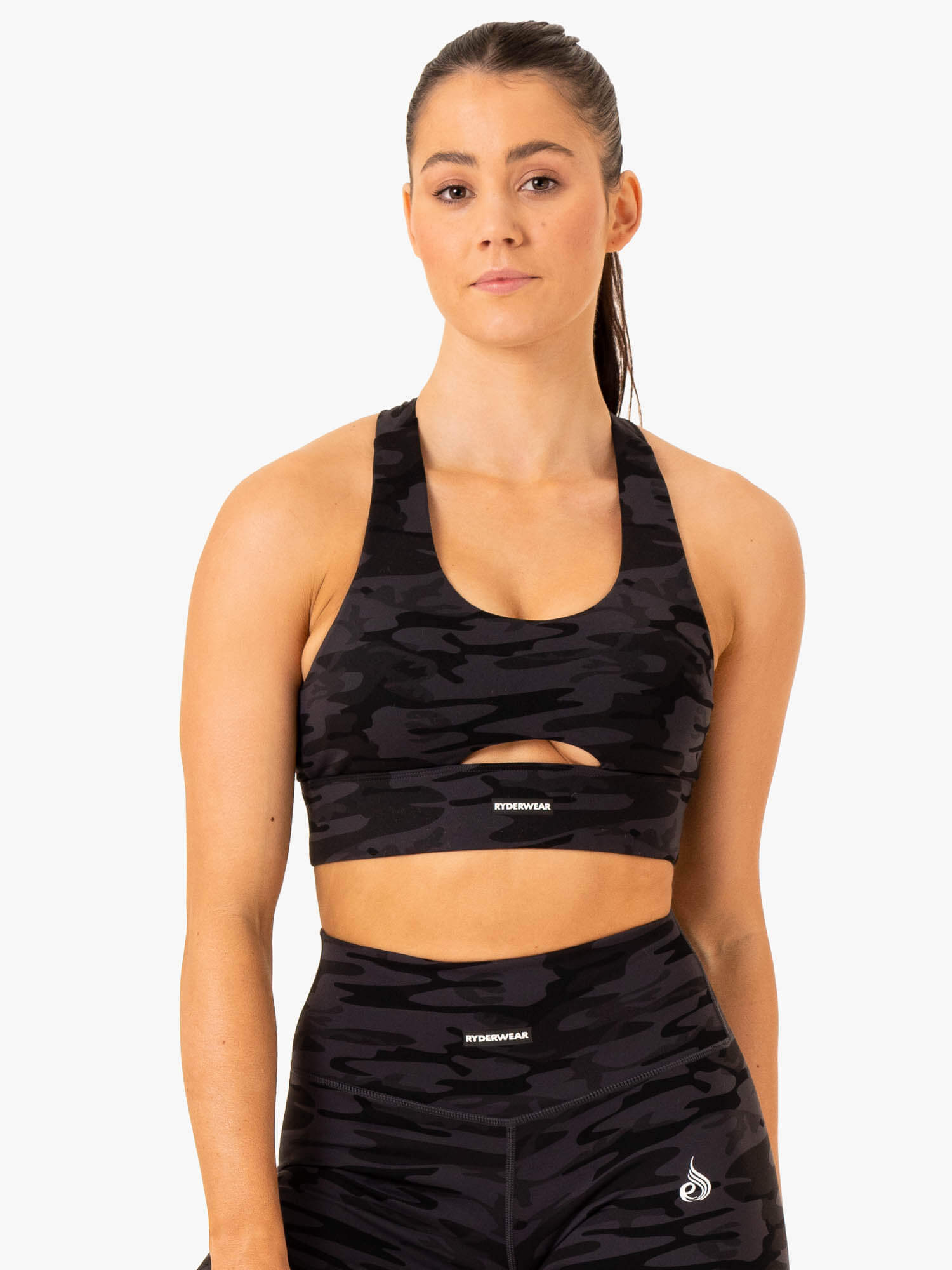 High Support Racerback Sports Bra - Black Camo Print for Women - Perfect for Running, Yoga & Gym Workouts
