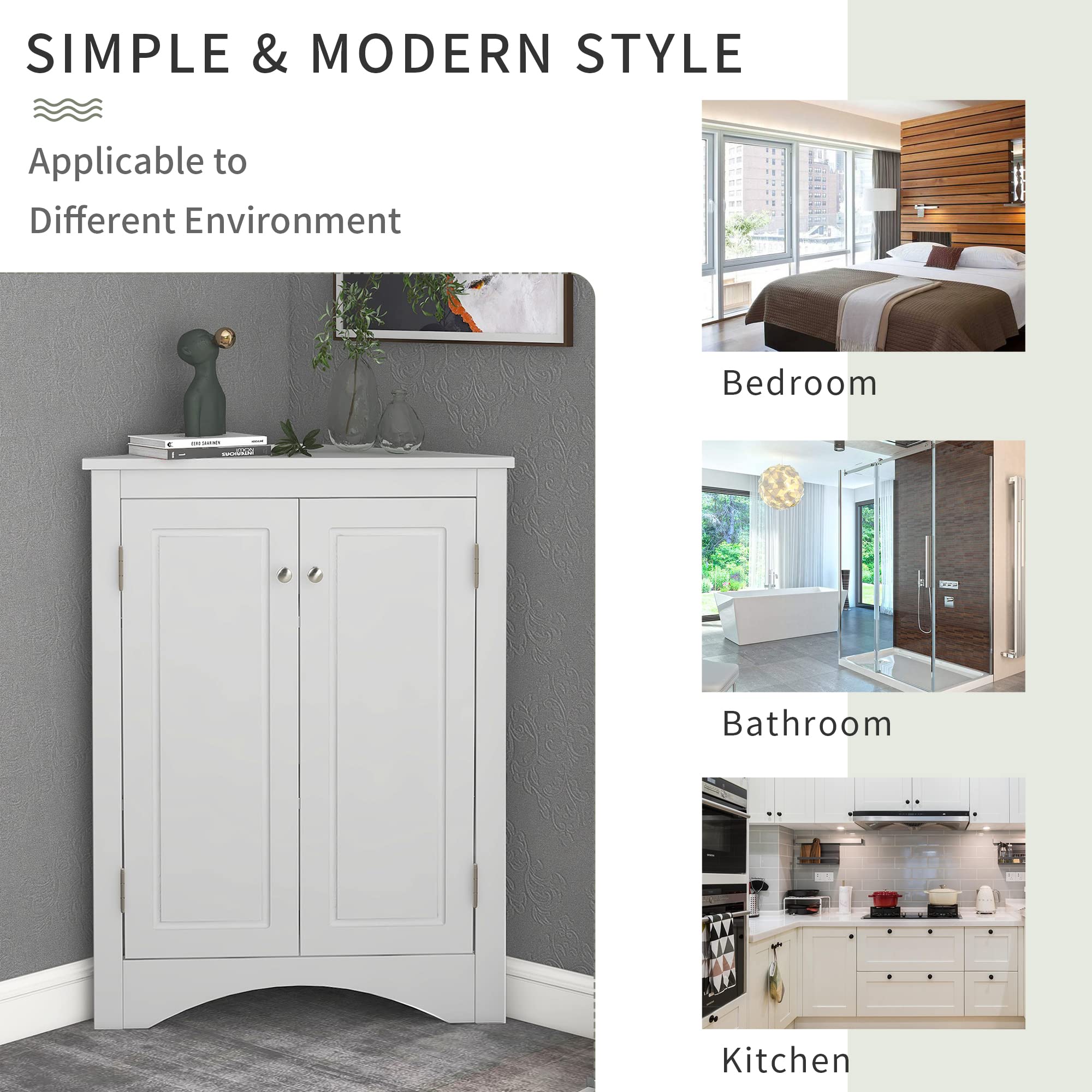 Merax White Freestanding Corner Cabinet with Adjustable Shelves & 2 Doors - Bathroom Storage Organizer for Towels, Toiletries & Cleaning Supplies