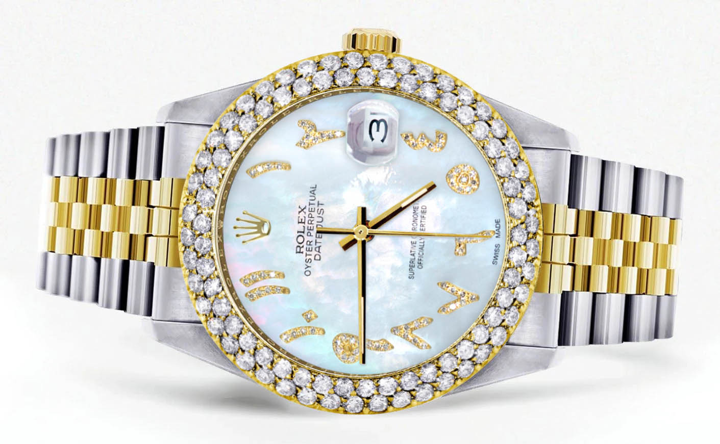 Luxury Diamond Gold Rolex Watch for Women - Model 16233 | 36mm Mother of Pearl Arabic Diamond Dial | 4.25 Carat Two Row Bezel | Jubilee Band | Perfect for Gifts, Special Occasions & Everyday Elegance