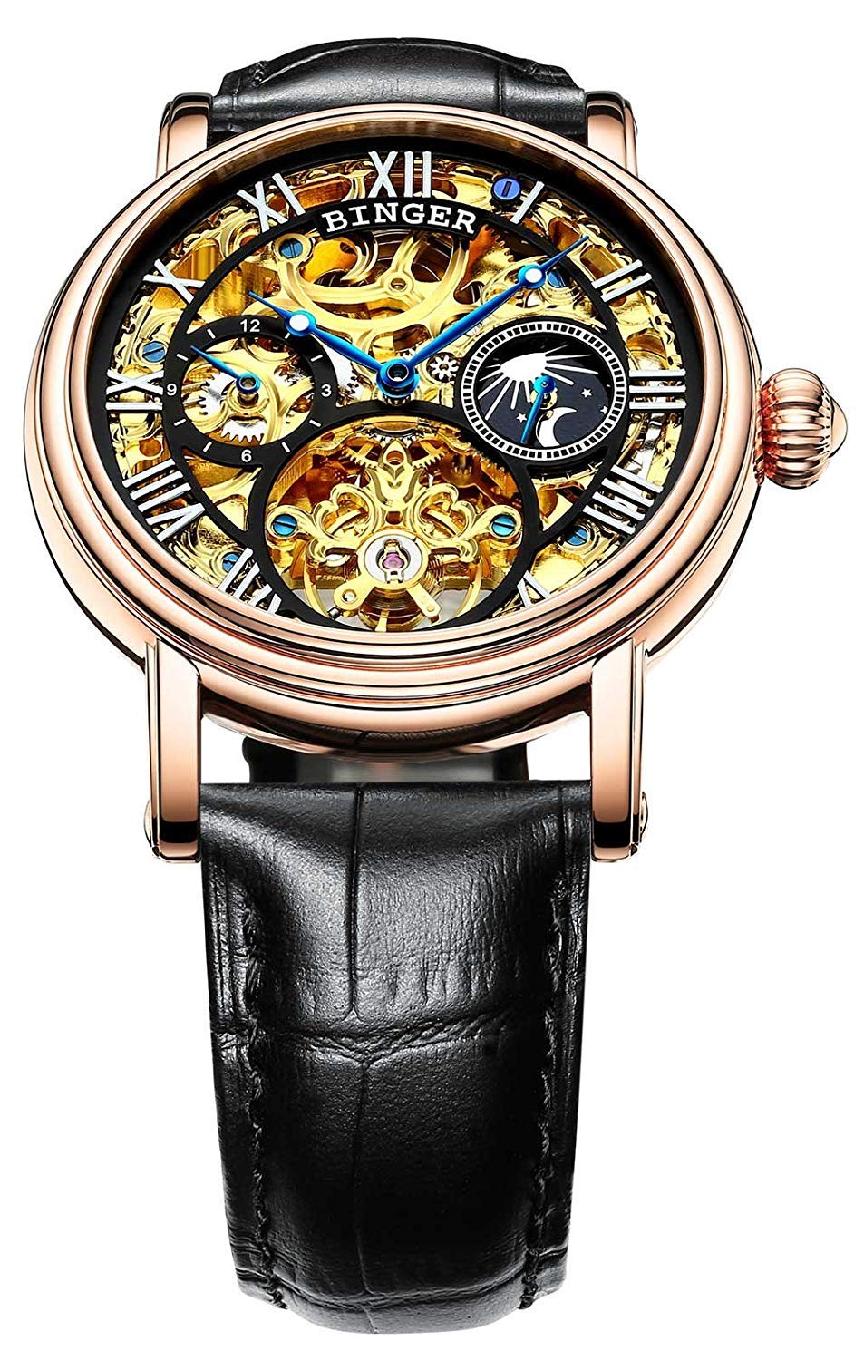 MASTOP Automatic Skeleton Watch for Men - Gold & Silver Stainless Steel Case with Black Leather Band - Luxury Mechanical Timepiece for Business, Formal & Casual Wear