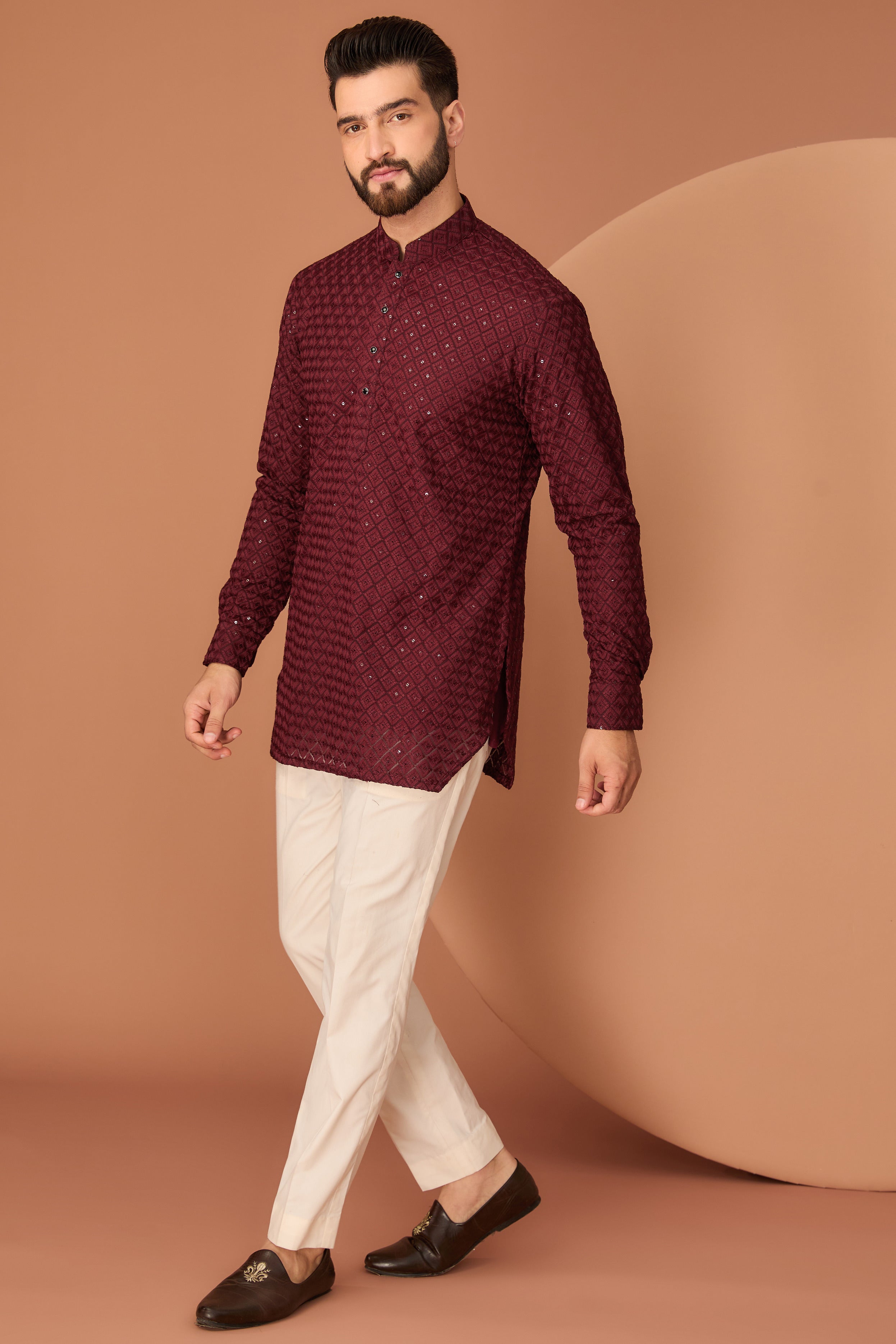 Elegant Maroon Short Chikankari Kurta with Royal Cut - Perfect for Festivals, Weddings & Casual Wear