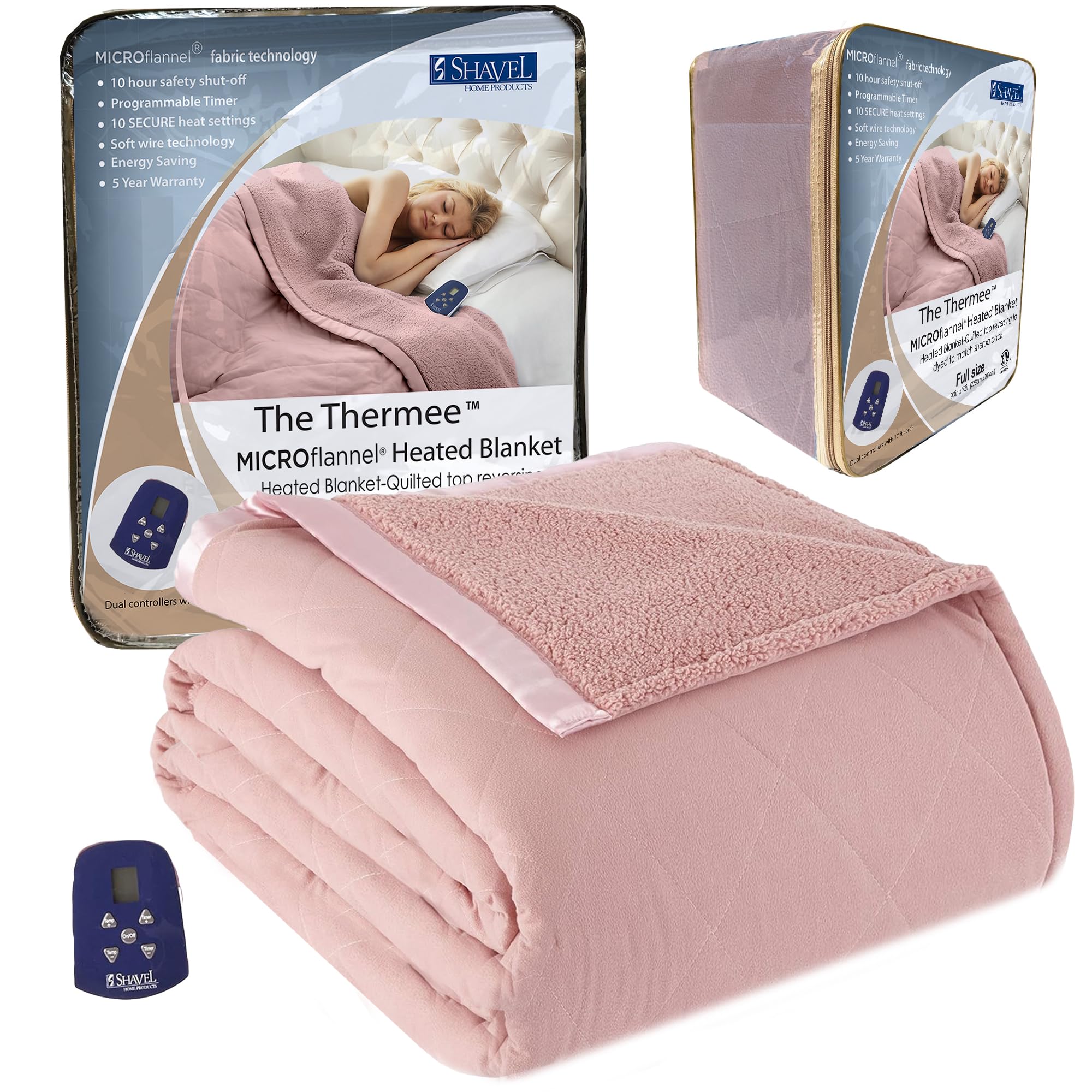 Thermee Micro Flannel Heated Blanket with Sherpa Back - 10 Heat Settings, Programmable Electric Blanket, Ultra-Soft Fast Heating Throw for Adults - Perfect for Cold Nights, Bedroom, Living Room & Office Use - Blush