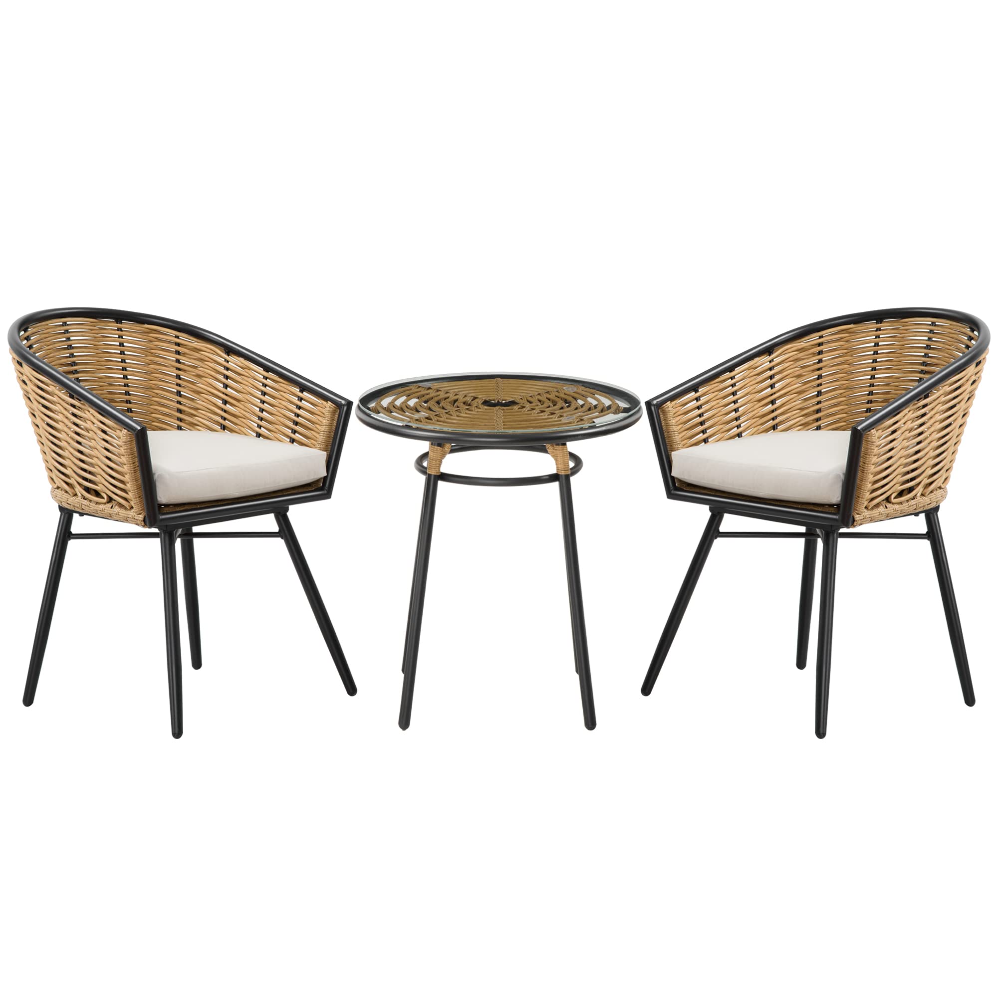 Outsunny 3-Piece Patio Set - PE Rattan Wicker Outdoor Bistro Table and Chairs with Cushions & Tempered Glass Top | Hand-Woven Barrel-Style Garden Furniture for Backyard, Porch, Poolside (Cream White) | Perfect for Outdoor Dining, Relaxing & Entertaining