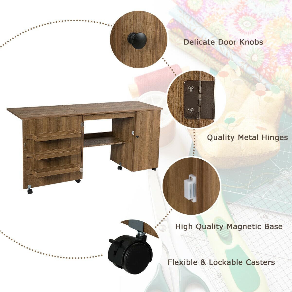 Foldable Sewing & Craft Table with 3 Storage Bins, Adjustable Shelf & Lockable Wheels - Compact Rolling Sewing Machine Workstation for Small Spaces & Apartments - Perfect for Quilting, DIY Projects & Home Crafting (Natural Wood Finish)