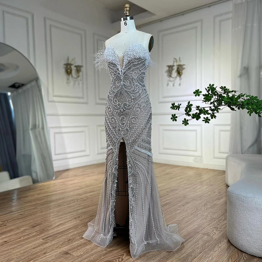 Luxury Dubai White Nude Split Mermaid Pearl Beaded Evening Gown for Women - Elegant Wedding Party Dress LA72522 | Perfect for Bridal Showers, Red Carpet Events & Formal Galas